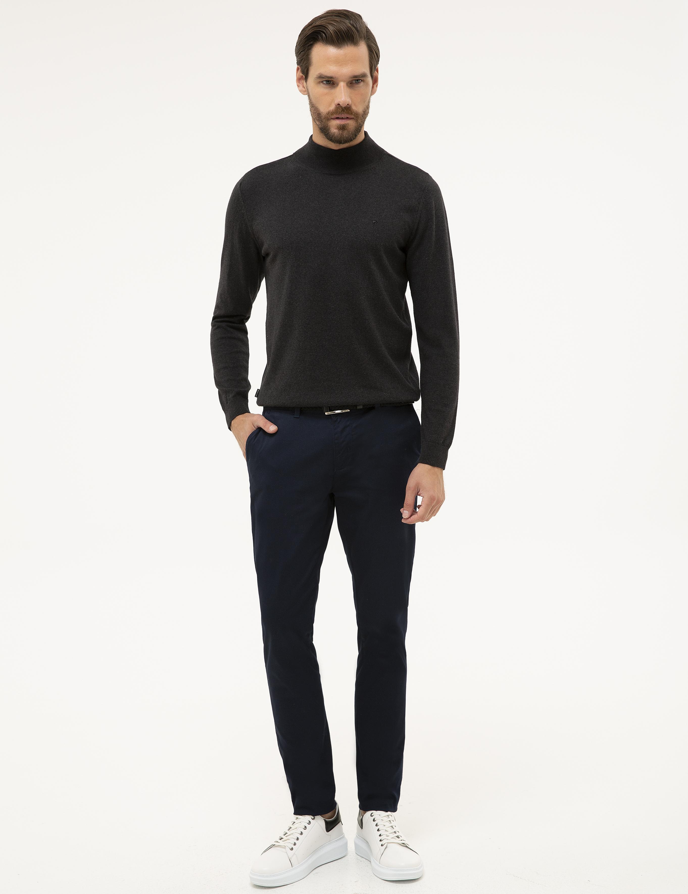 Antrasit Melanj Slim Fit Yarım Balıkçı Yaka Basic Triko Kazak