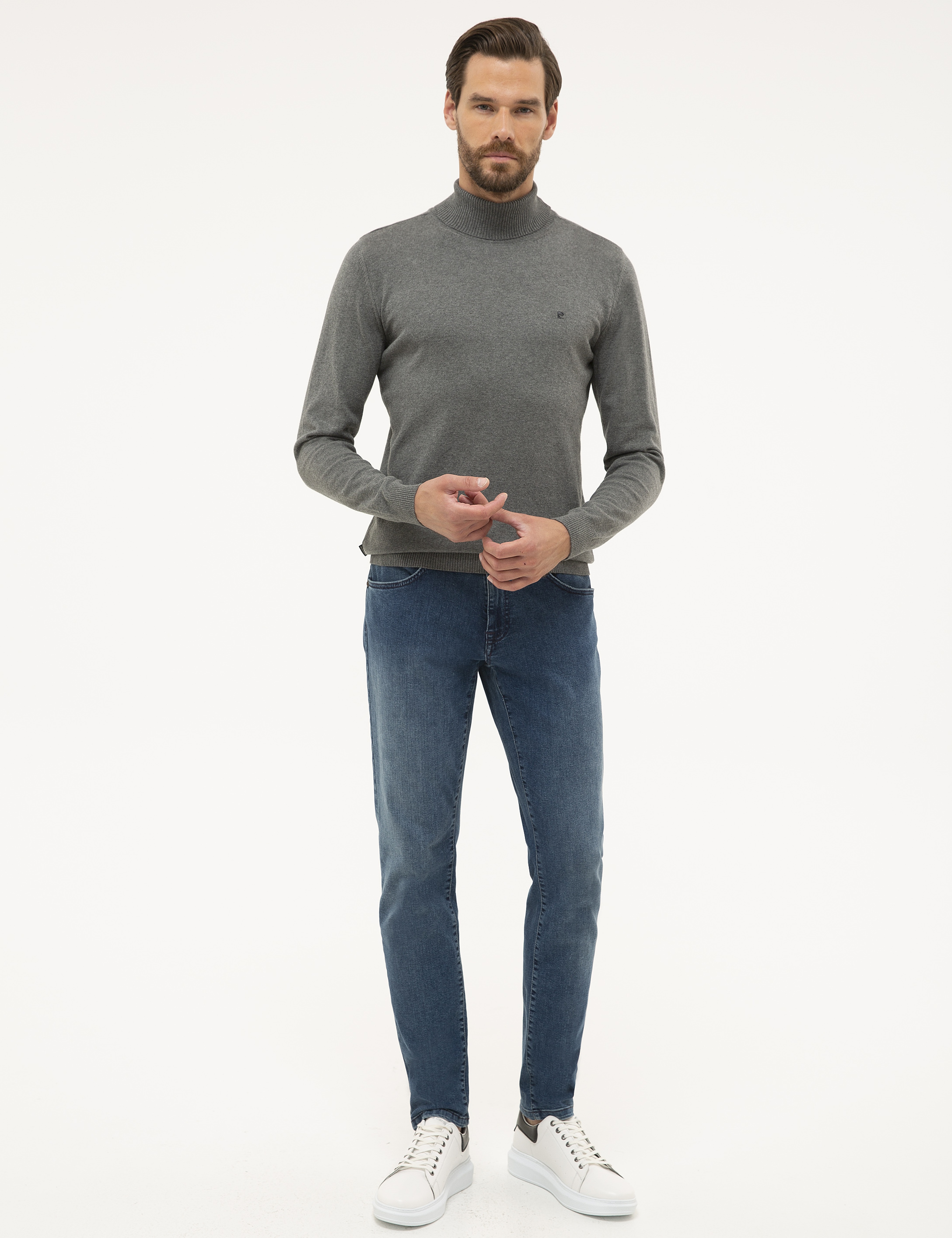 Gri Melanj Slim Fit Tam Balıkçı Yaka Basic Triko Kazak - Image 5