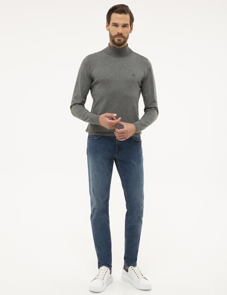 Gri Melanj Slim Fit Tam Balıkçı Yaka Basic Triko Kazak - 50230785077