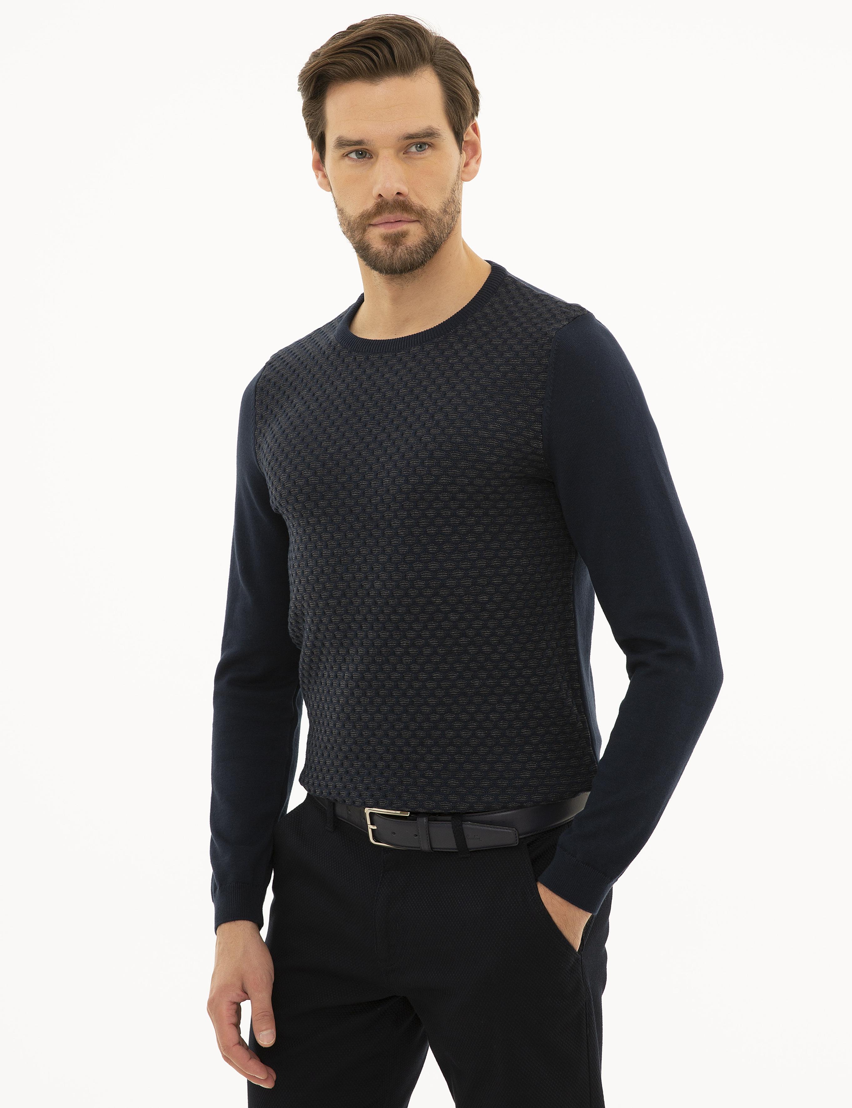 Lacivert Slim Fit Bisiklet Yaka Triko Kazak