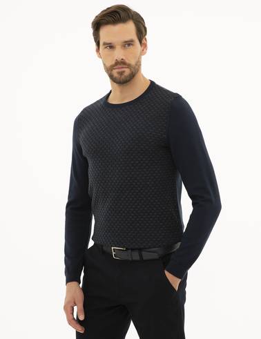 Lacivert Slim Fit Bisiklet Yaka Triko Kazak