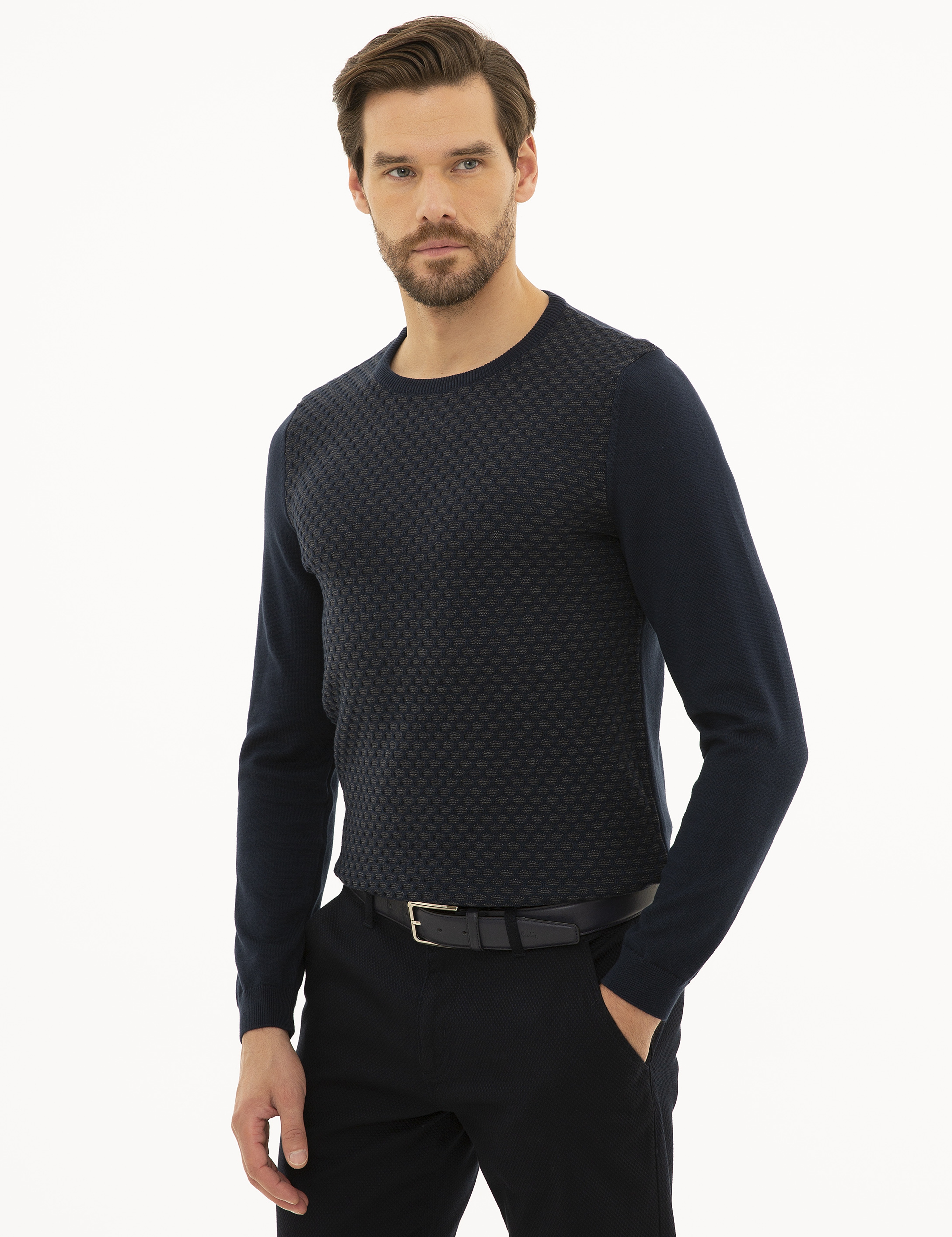 Lacivert Slim Fit Bisiklet Yaka Triko Kazak - Image 3