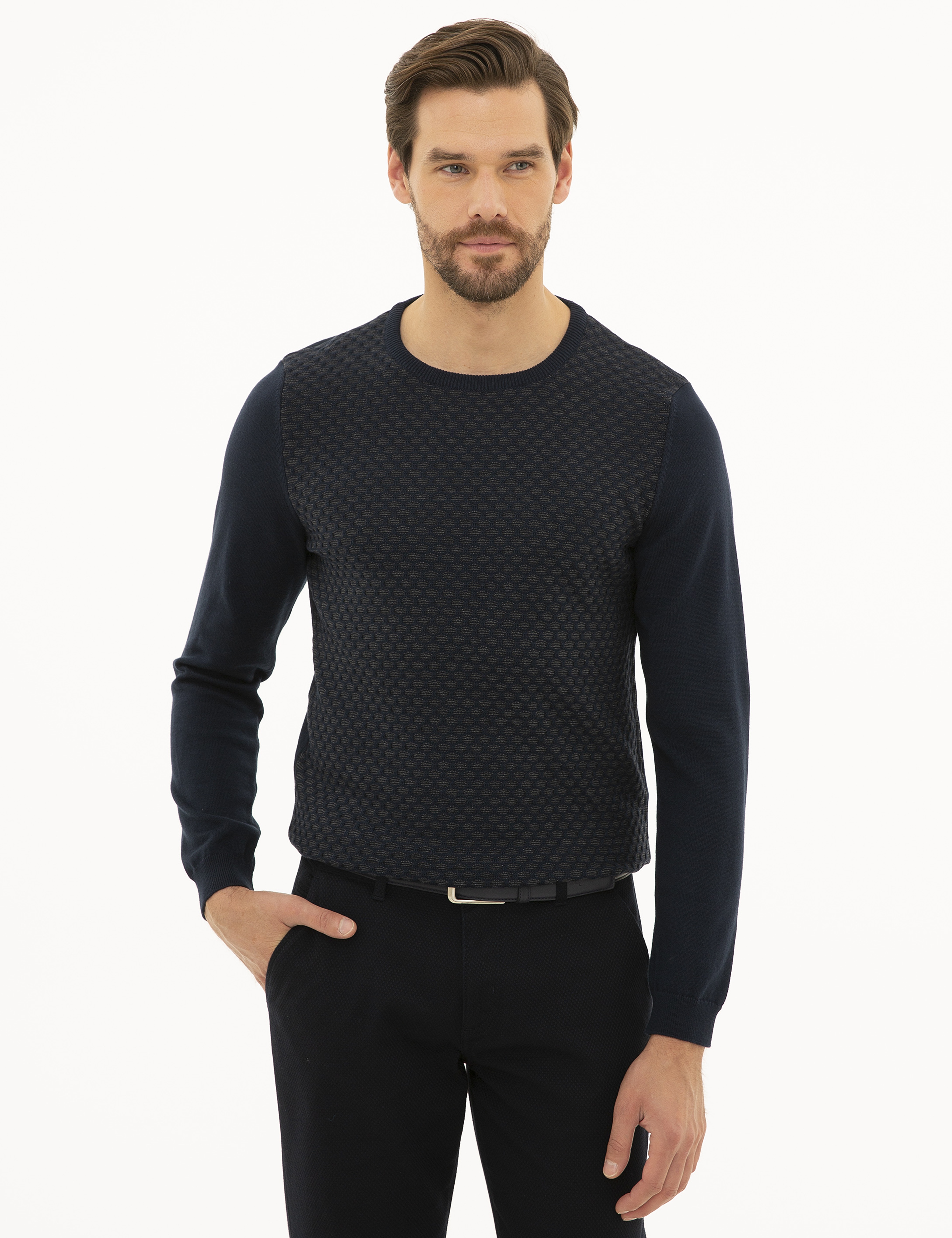 Lacivert Slim Fit Bisiklet Yaka Triko Kazak - Image 2