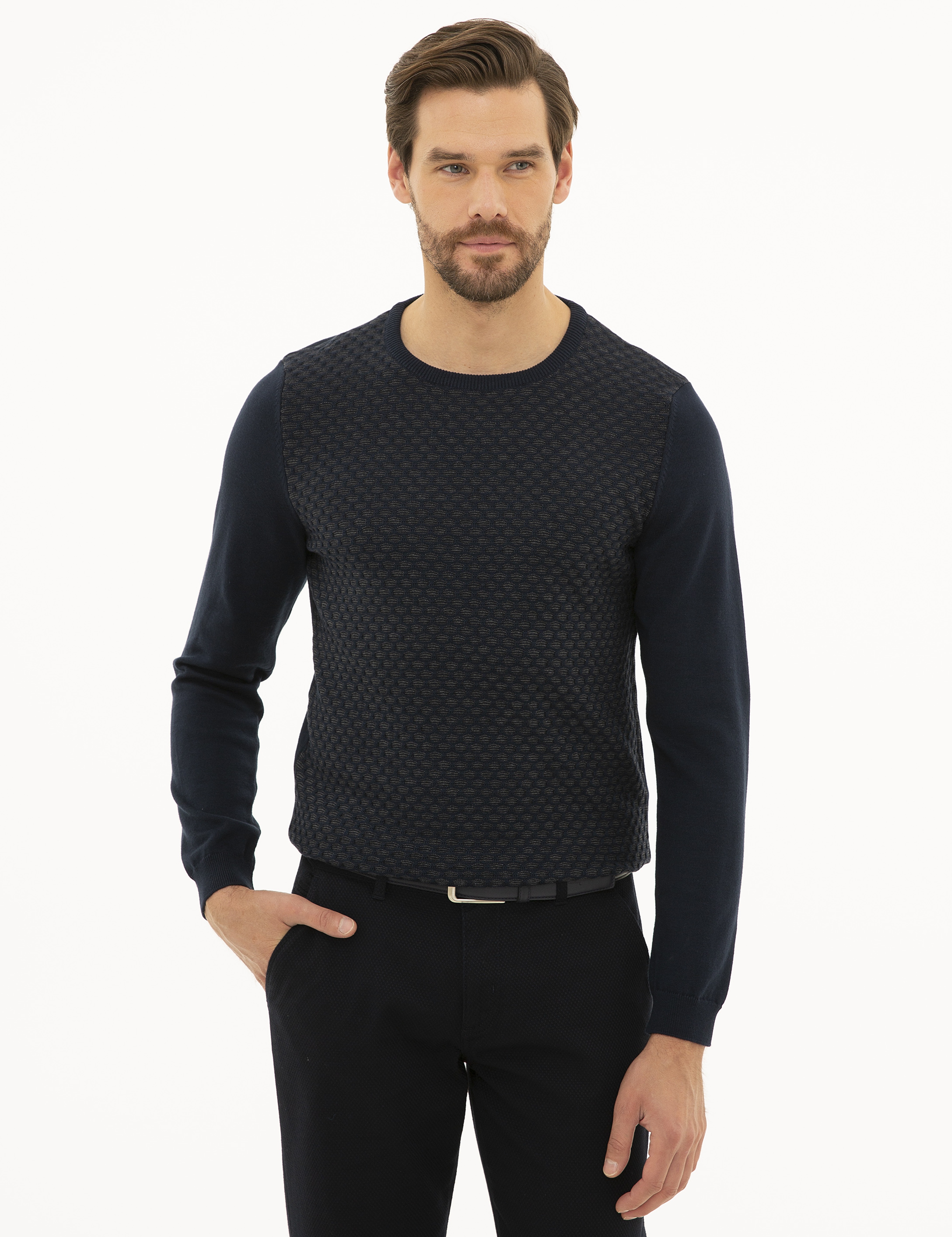 Lacivert Slim Fit Bisiklet Yaka Triko Kazak