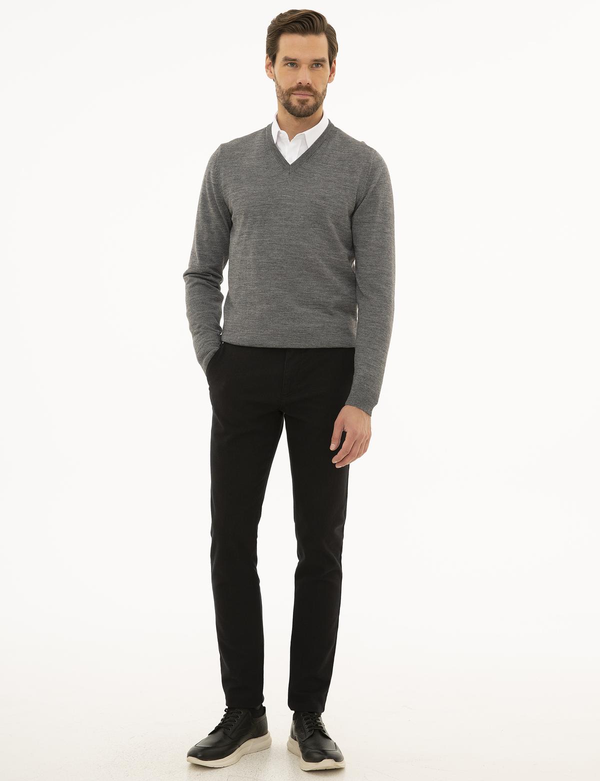 Gri Melanj Slim Fit V Yaka Yün Karışımlı Basic Triko Kazak - 50227092043