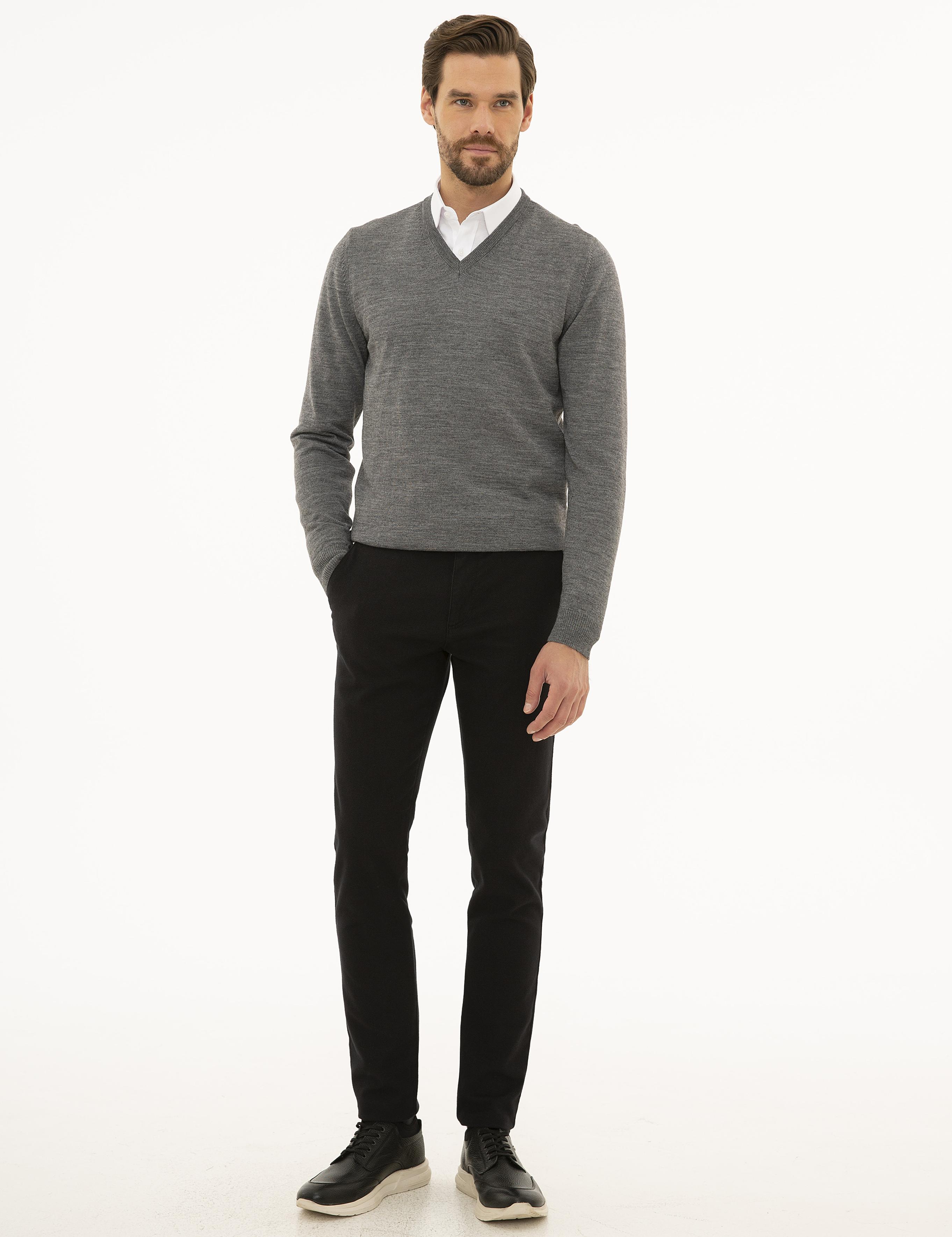 Gri Melanj Slim Fit V Yaka Yün Karışımlı Basic Triko Kazak