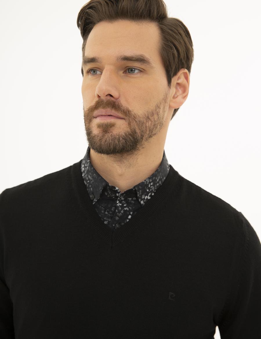 Siyah Slim Fit V Yaka Yün Karışımlı Basic Triko Kazak