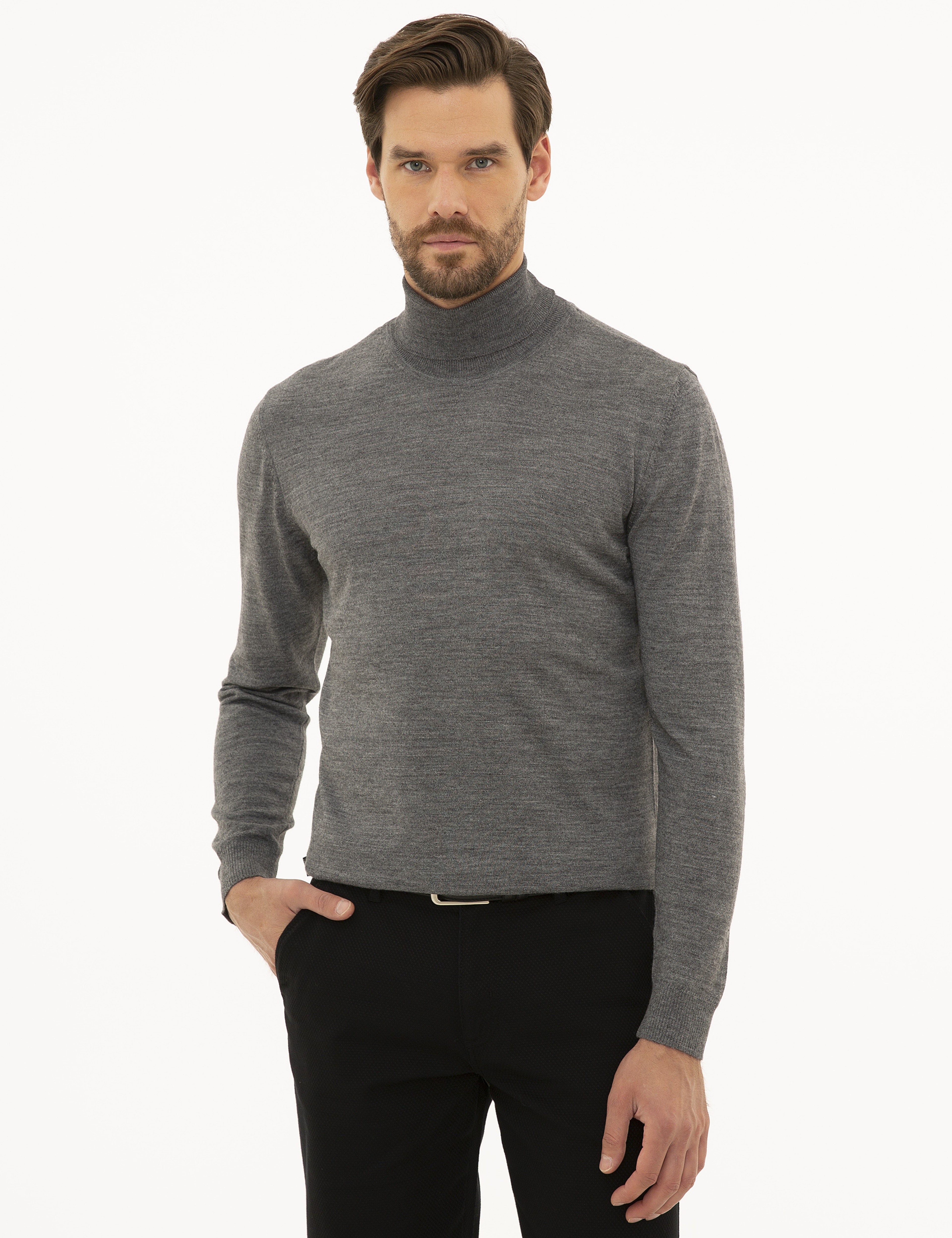Gri Melanj Slim Fit Basic Kazak - Image 1