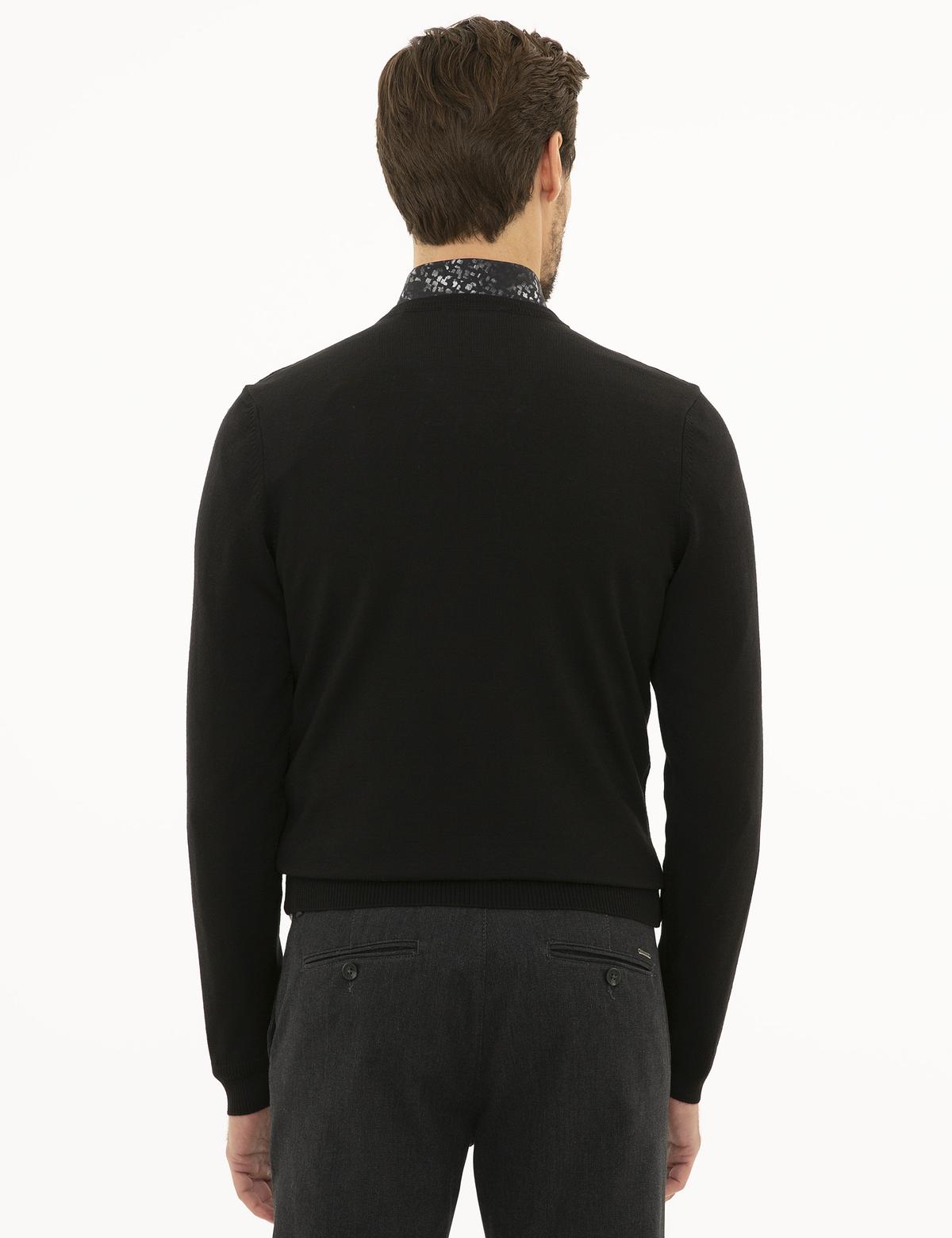 Siyah Slim Fit V Yaka Yün Karışımlı Basic Triko Kazak - 50227092003