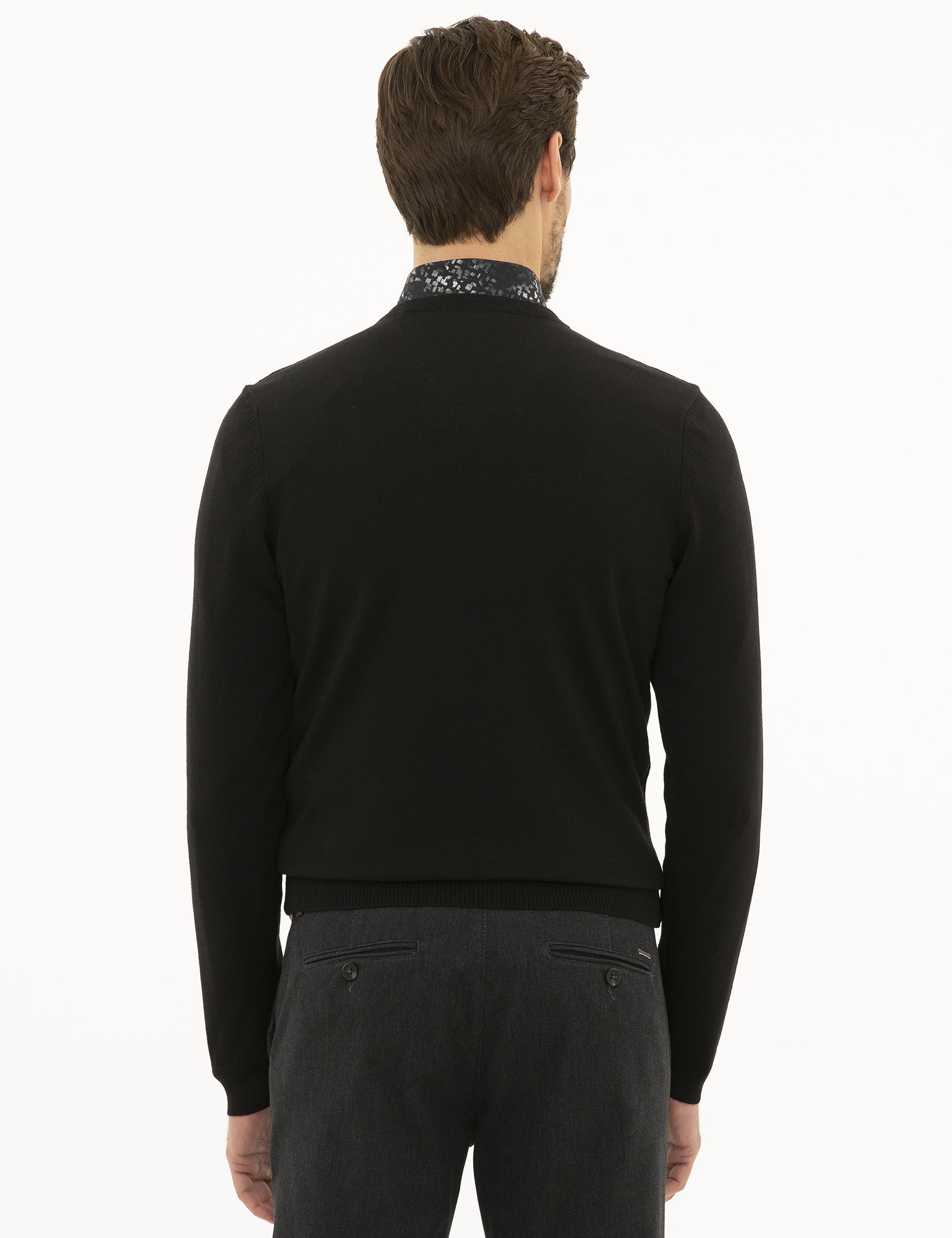 Siyah Slim Fit V Yaka Yün Karışımlı Basic Triko Kazak