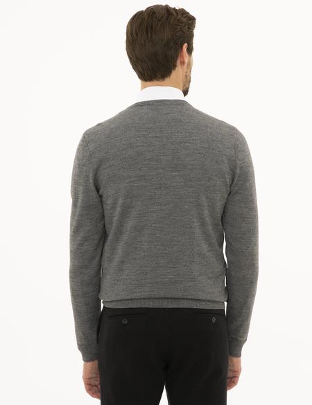Gri Melanj Slim Fit V Yaka Yün Karışımlı Basic Triko Kazak - 50227092043