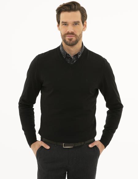 Siyah Slim Fit V Yaka Yün Karışımlı Basic Triko Kazak - 50227092003