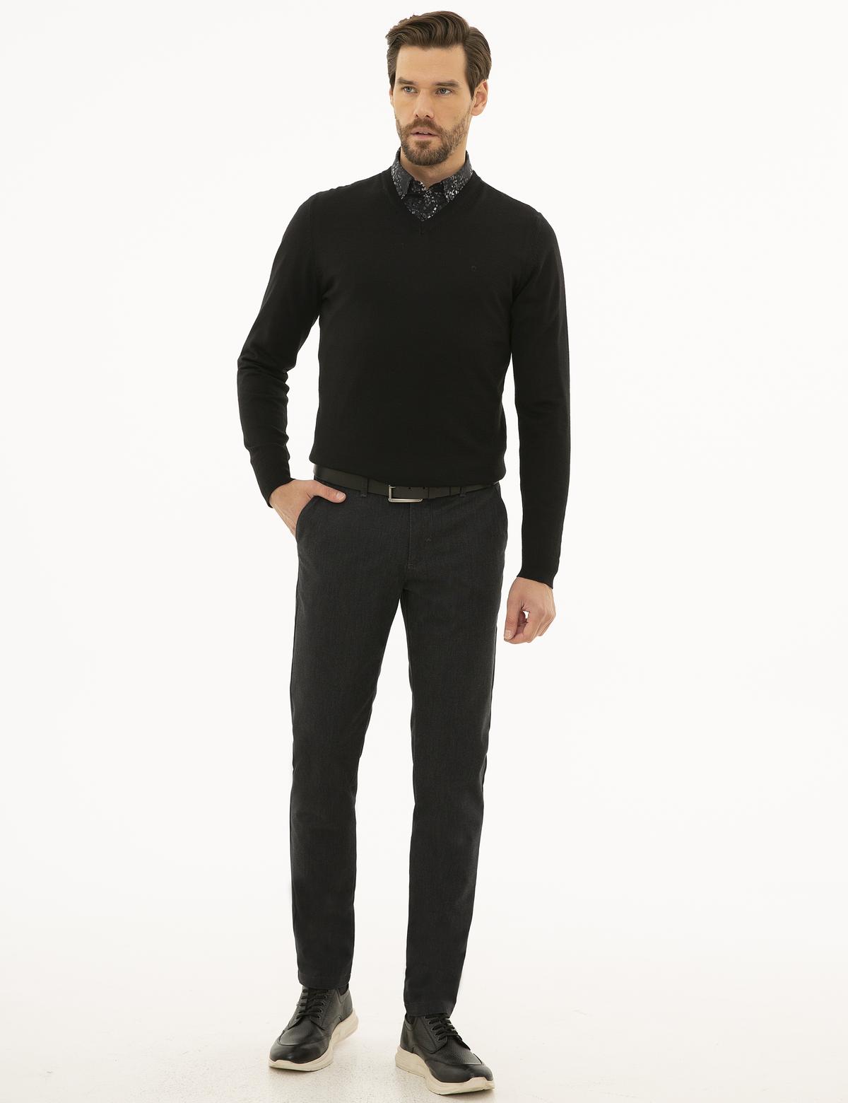 Siyah Slim Fit V Yaka Yün Karışımlı Basic Triko Kazak - 50227092003