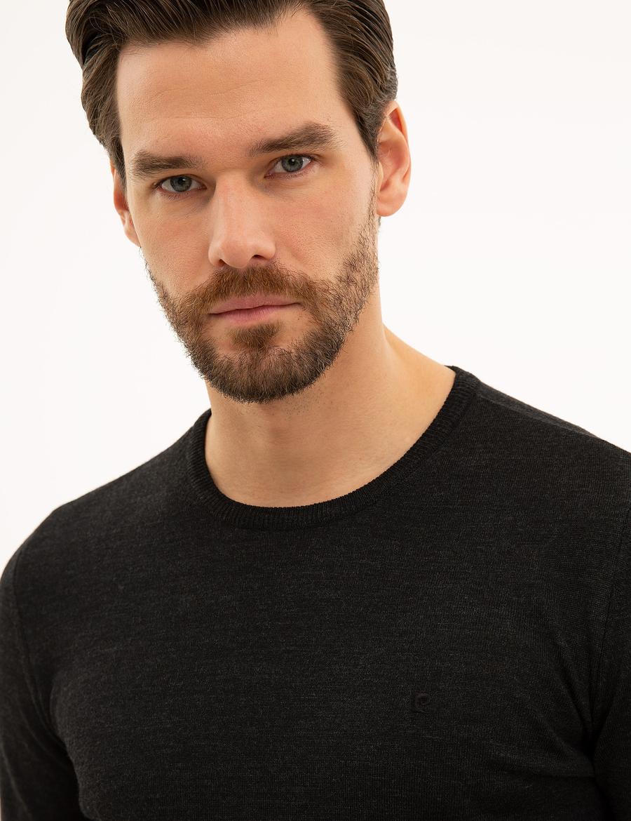 Antrasit Melanj Slim Fit Bisiklet Yaka Yün Karışımlı Basic Triko Kazak