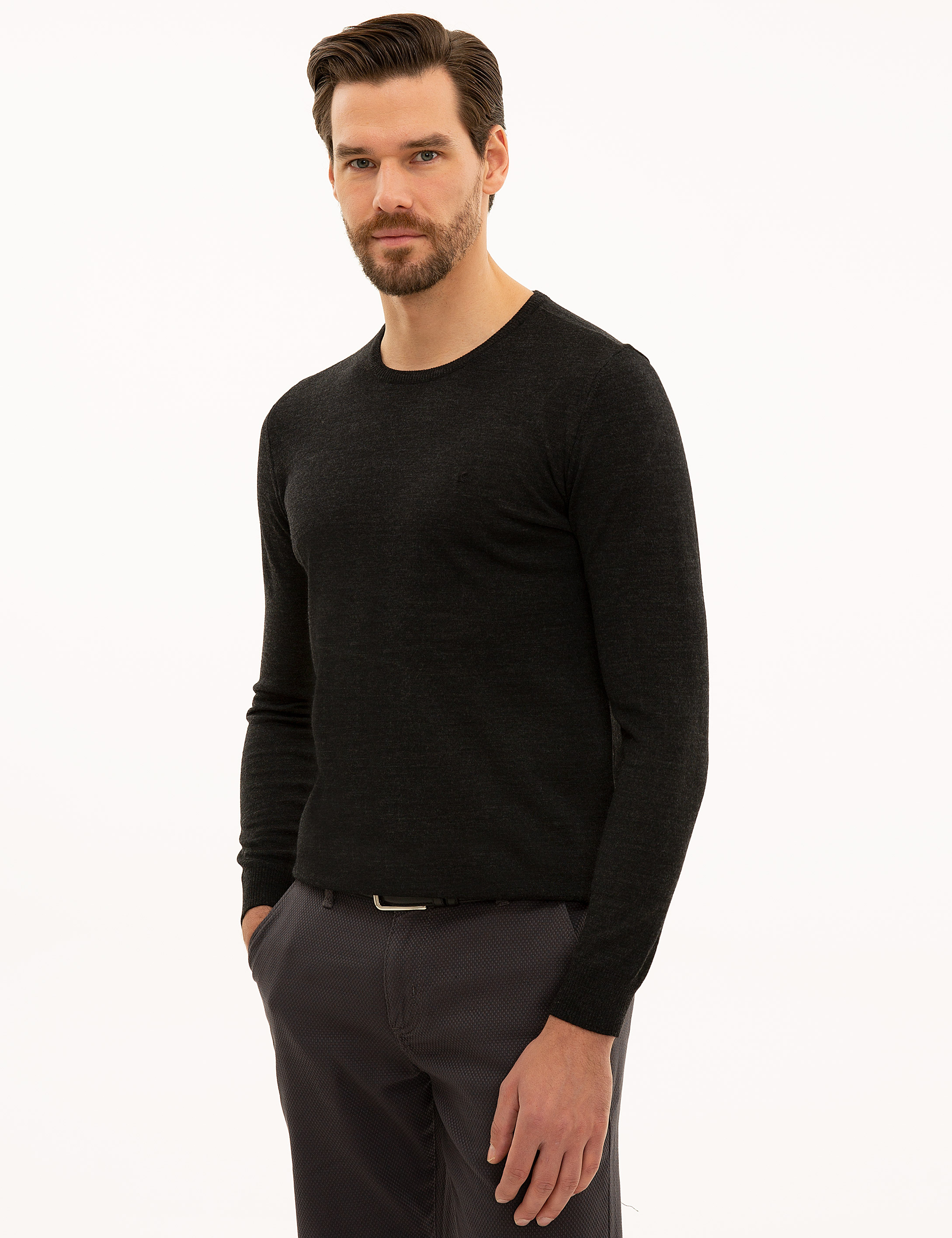 Antrasit Melanj Slim Fit Bisiklet Yaka Yün Karışımlı Basic Triko Kazak