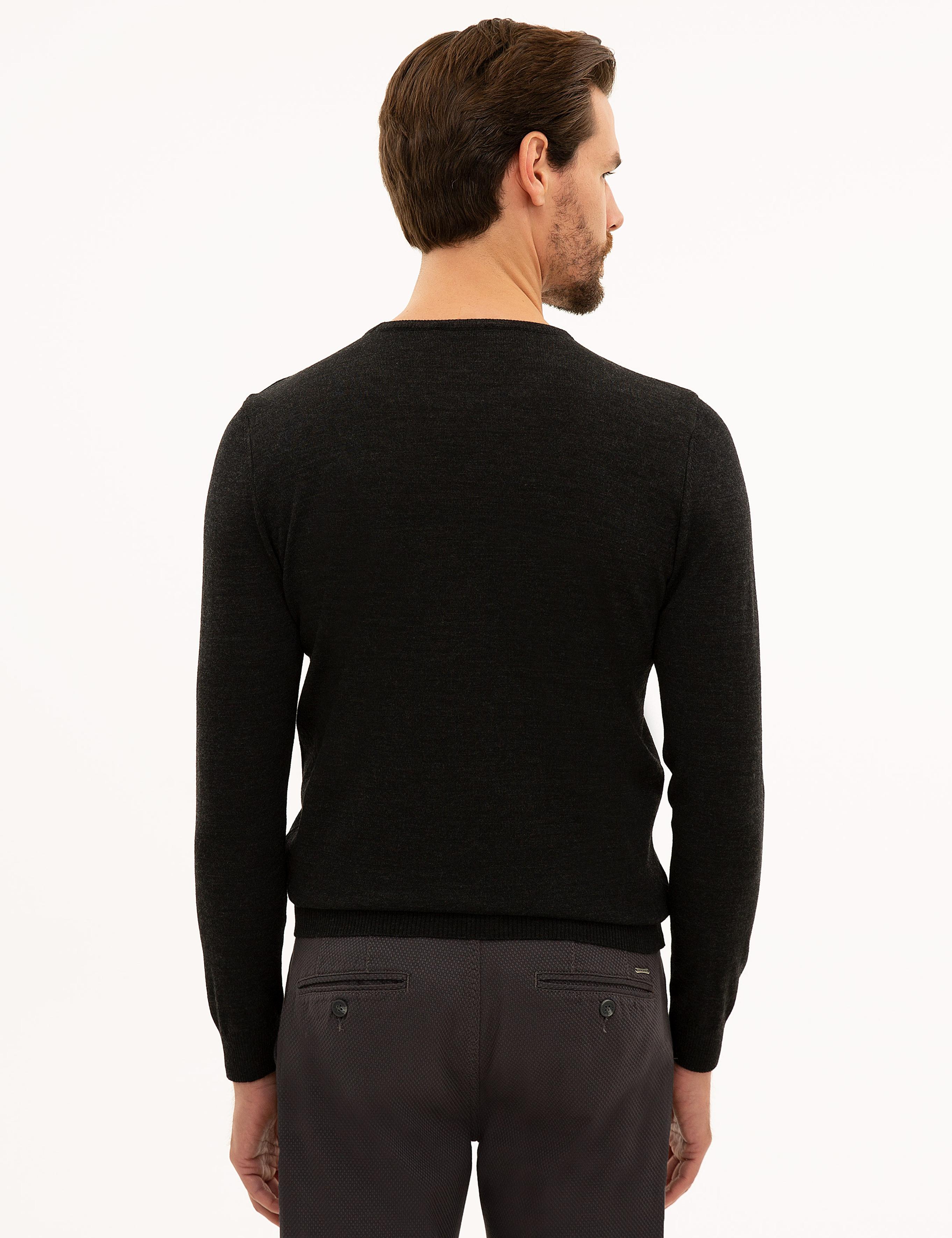 Antrasit Melanj Slim Fit Bisiklet Yaka Yün Karışımlı Basic Triko Kazak