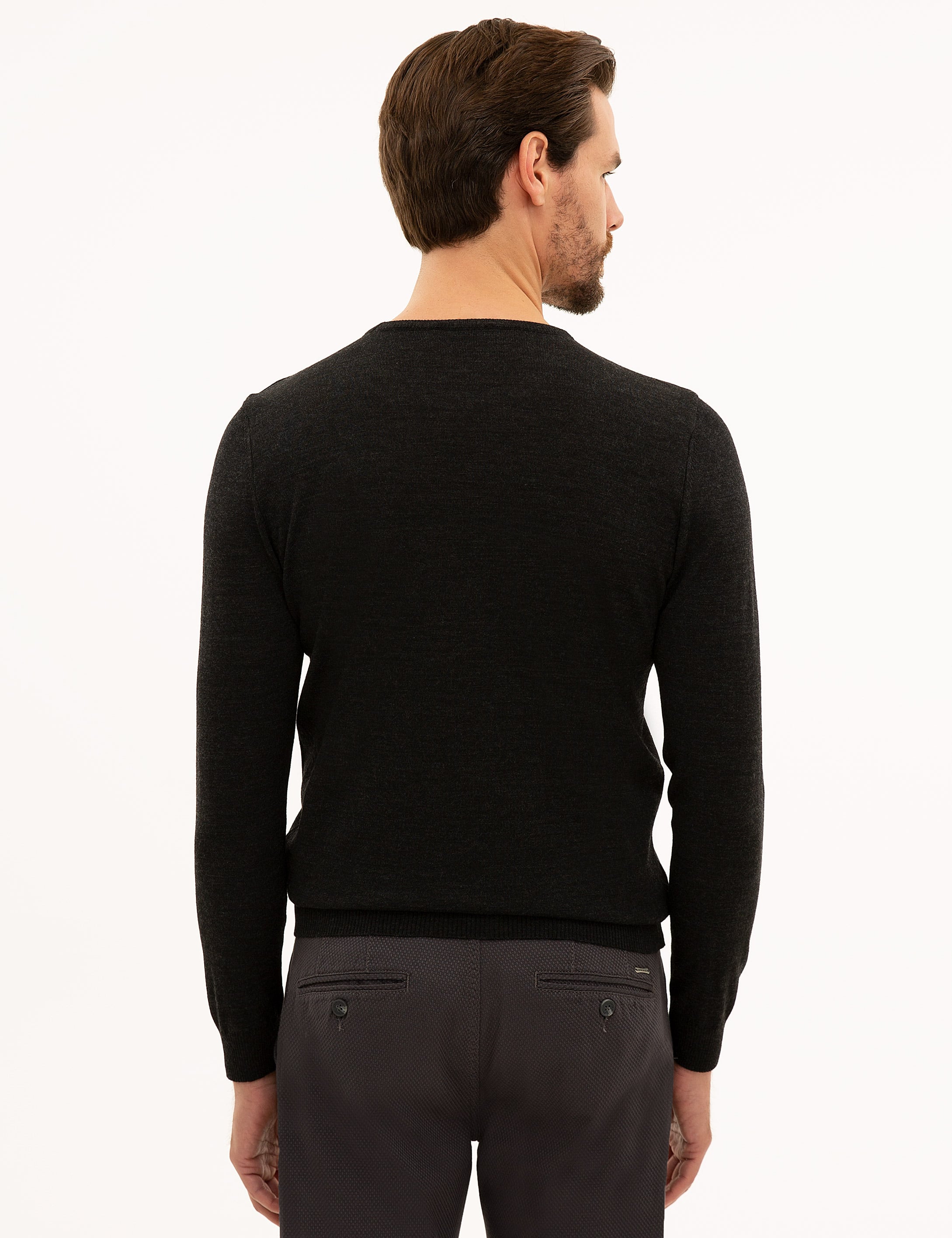 Antrasit Melanj Slim Fit Bisiklet Yaka Yün Karışımlı Basic Triko Kazak
