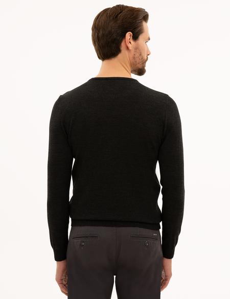 Antrasit Melanj Slim Fit Bisiklet Yaka Yün Karışımlı Basic Triko Kazak - 50227677036