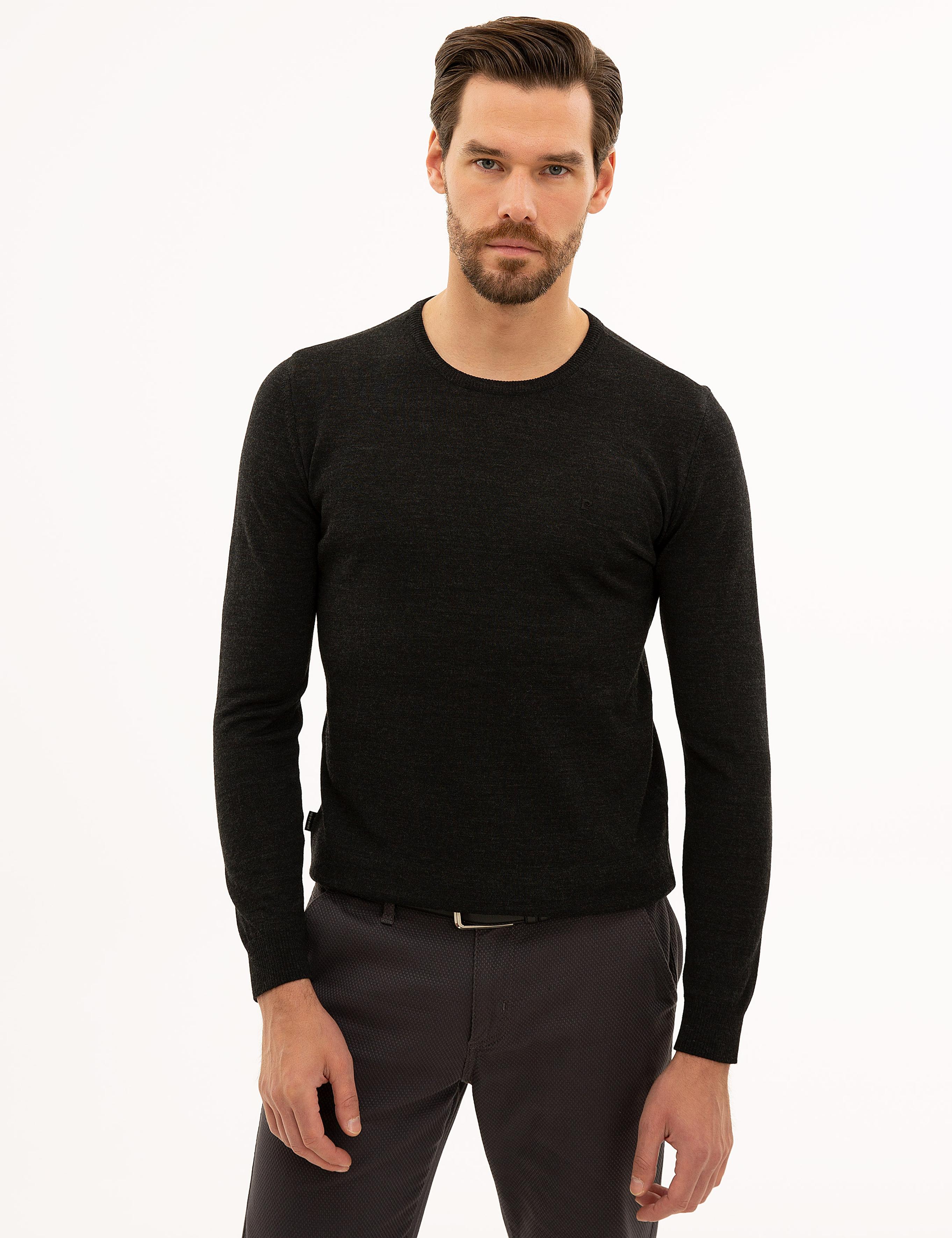 Antrasit Melanj Slim Fit Bisiklet Yaka Yün Karışımlı Basic Triko Kazak