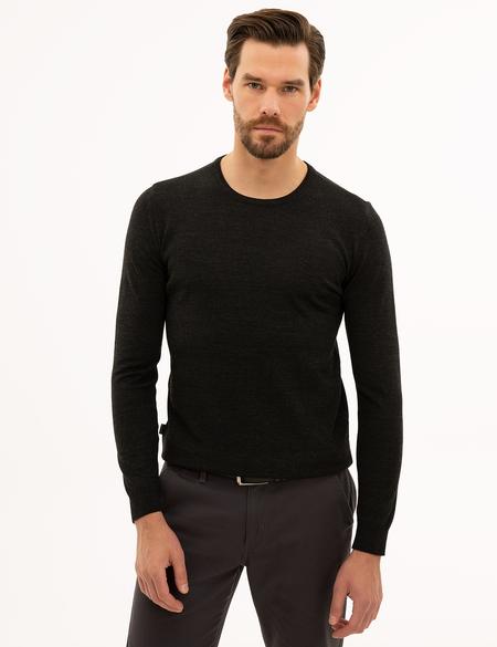 Antrasit Melanj Slim Fit Bisiklet Yaka Yün Karışımlı Basic Triko Kazak - 50227677036