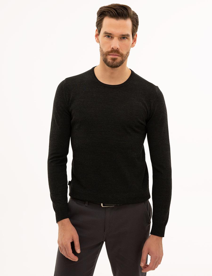 Antrasit Melanj Slim Fit Bisiklet Yaka Yün Karışımlı Basic Triko Kazak