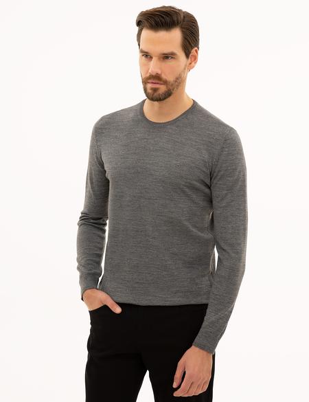 Gri Melanj Slim Fit Bisiklet Yaka Basic Triko Kazak - 50227677046