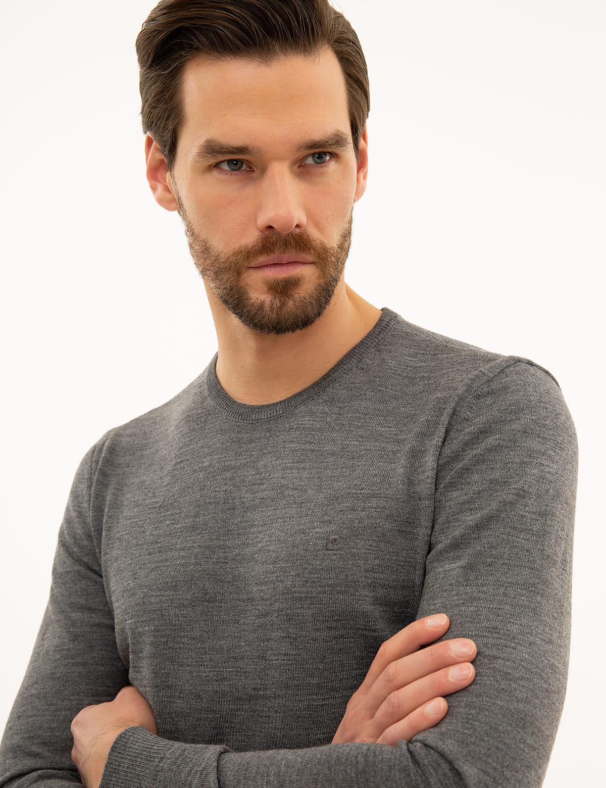 Gri Melanj Slim Fit Bisiklet Yaka Basic Triko Kazak - 50227677046