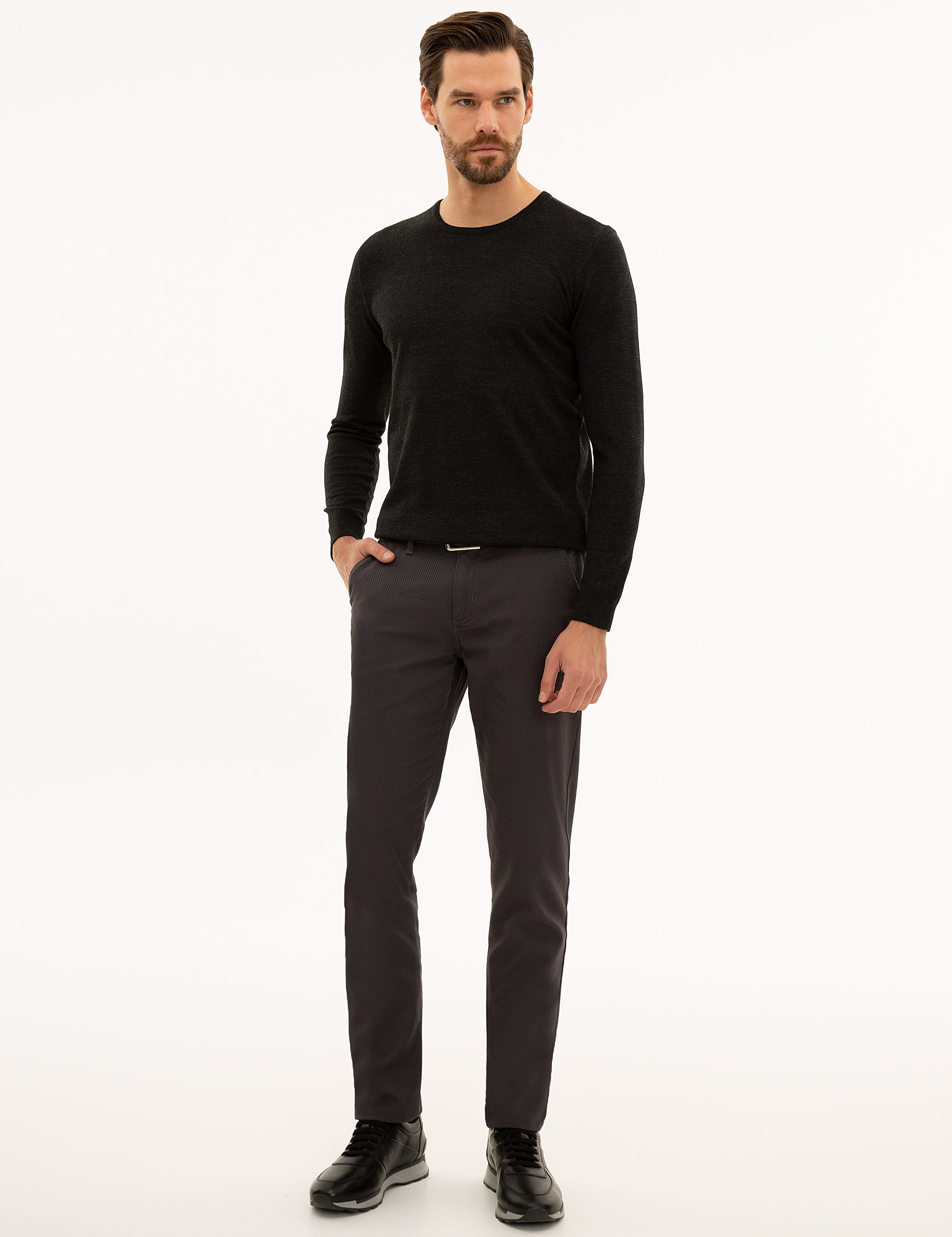 Antrasit Melanj Slim Fit Bisiklet Yaka Yün Karışımlı Basic Triko Kazak