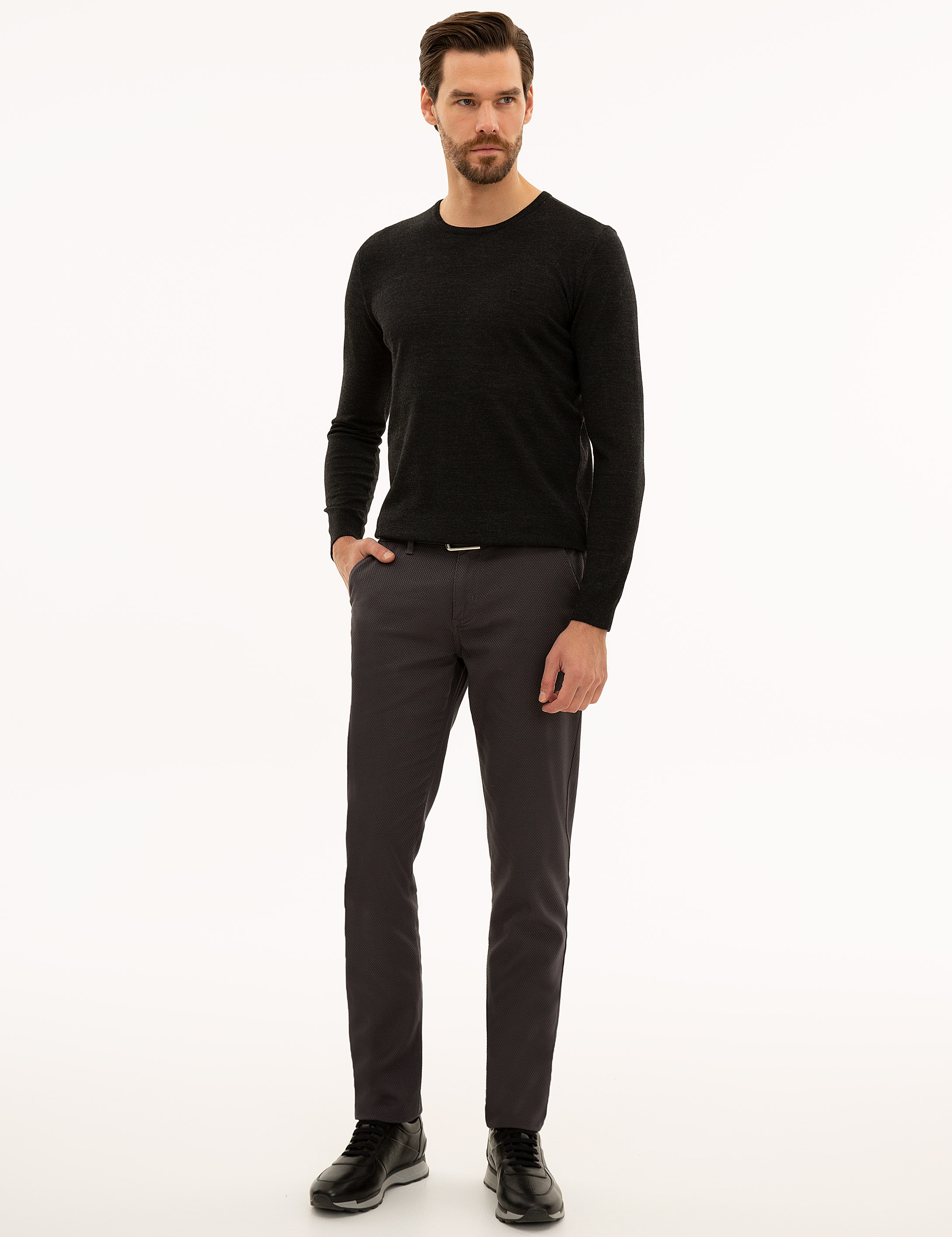 Antrasit Melanj Slim Fit Bisiklet Yaka Yün Karışımlı Basic Triko Kazak