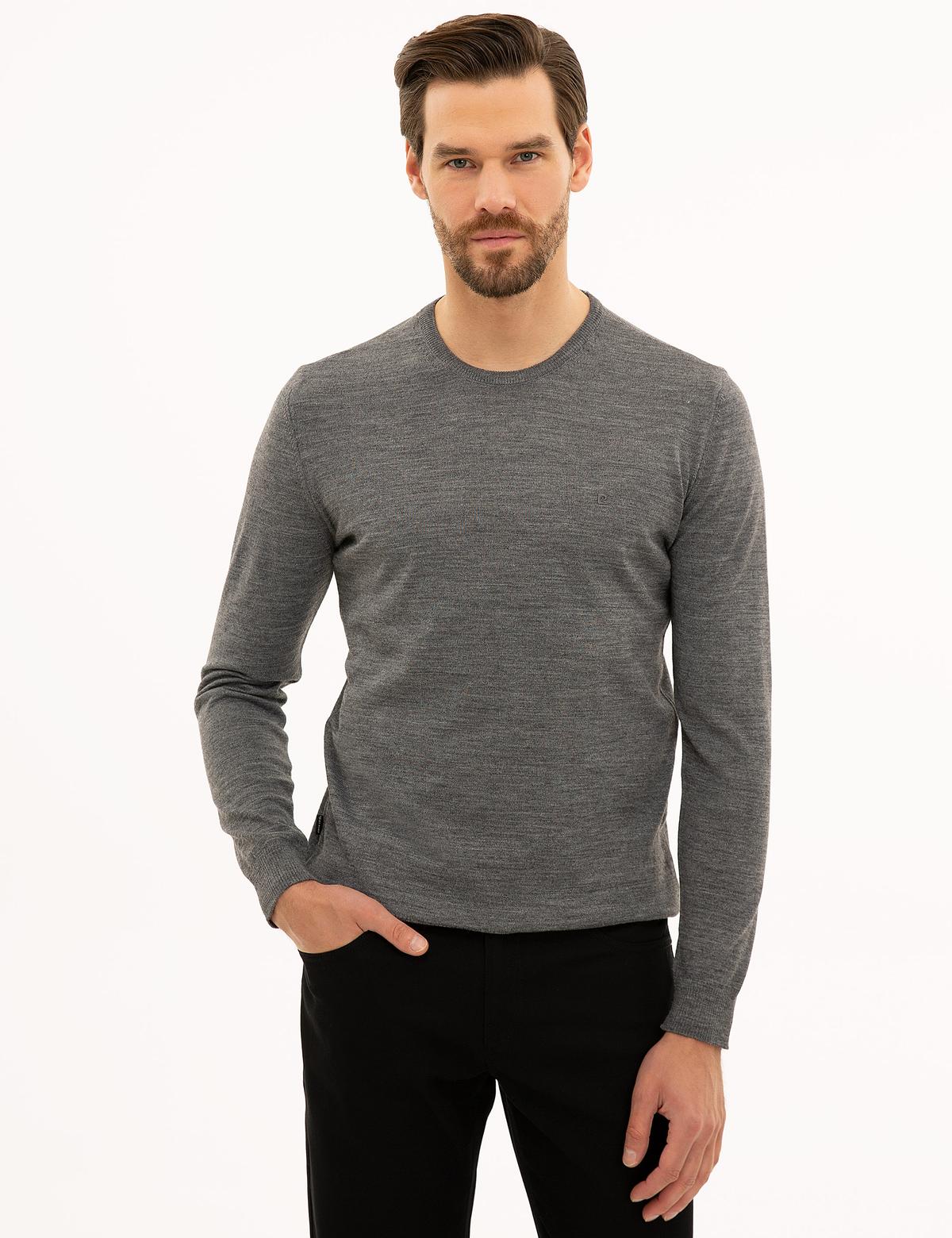 Gri Melanj Slim Fit Bisiklet Yaka Basic Triko Kazak