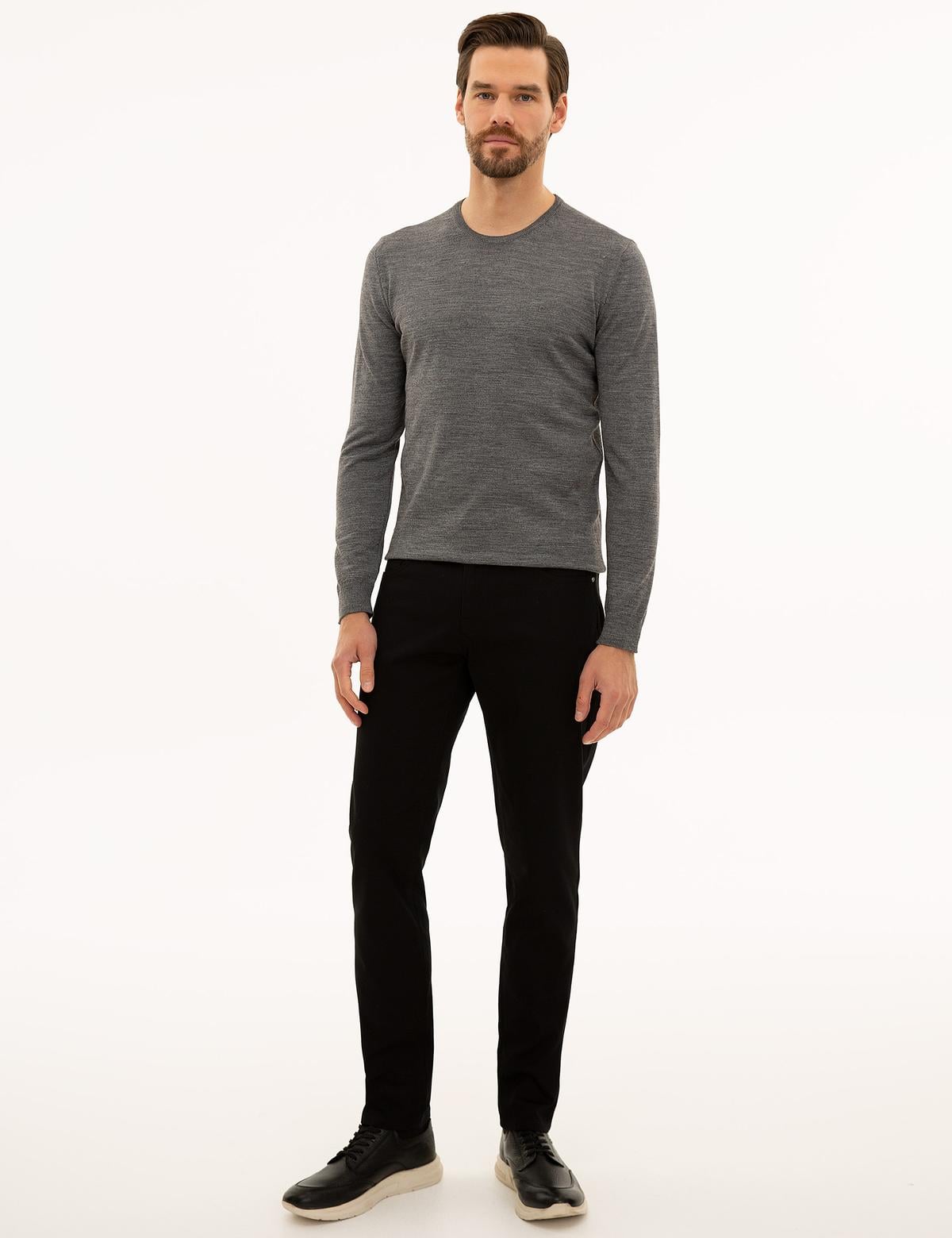 Gri Melanj Slim Fit Bisiklet Yaka Basic Triko Kazak - 50227677046