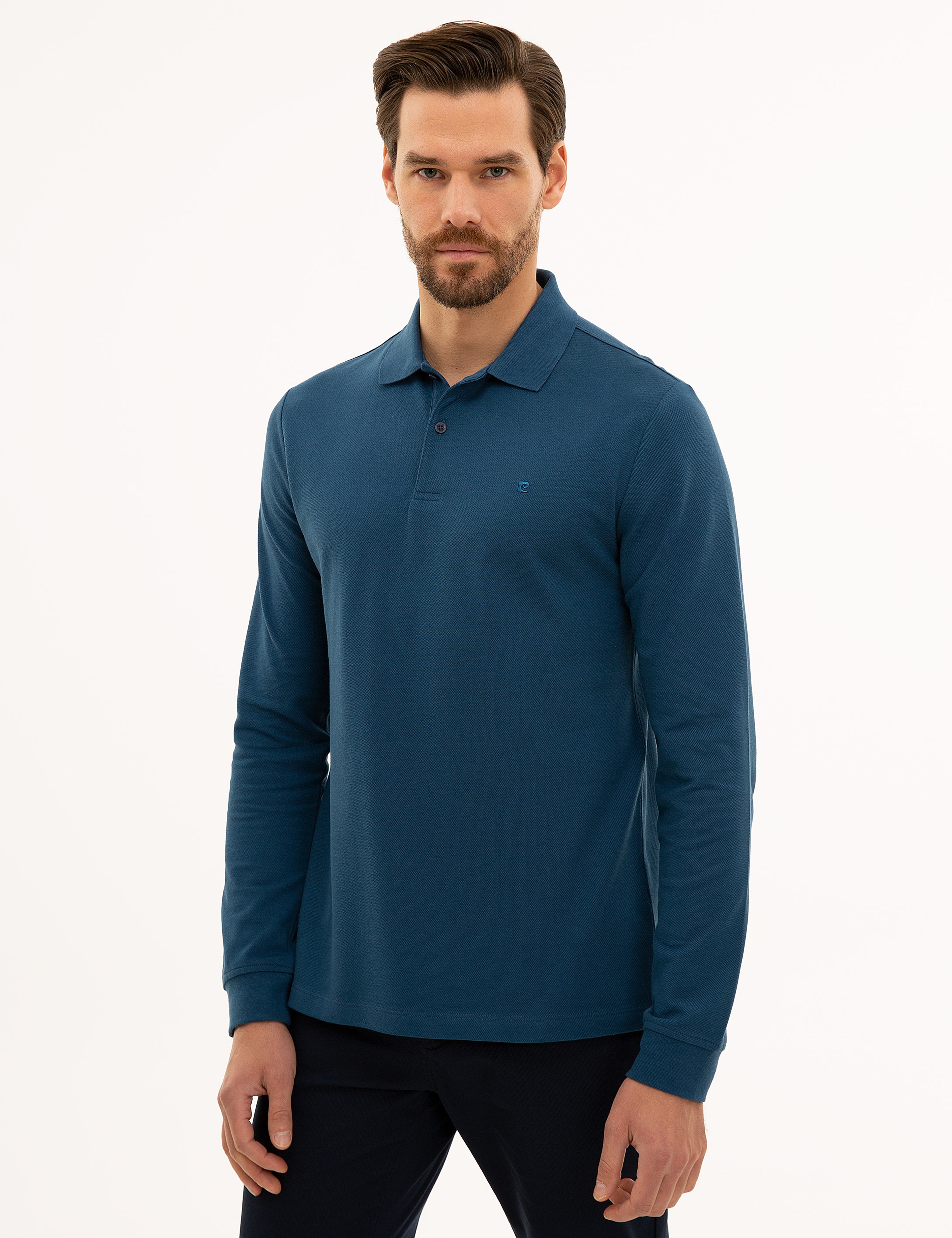 Açık Lacivert Slim Fit Polo Yaka Sweatshirt