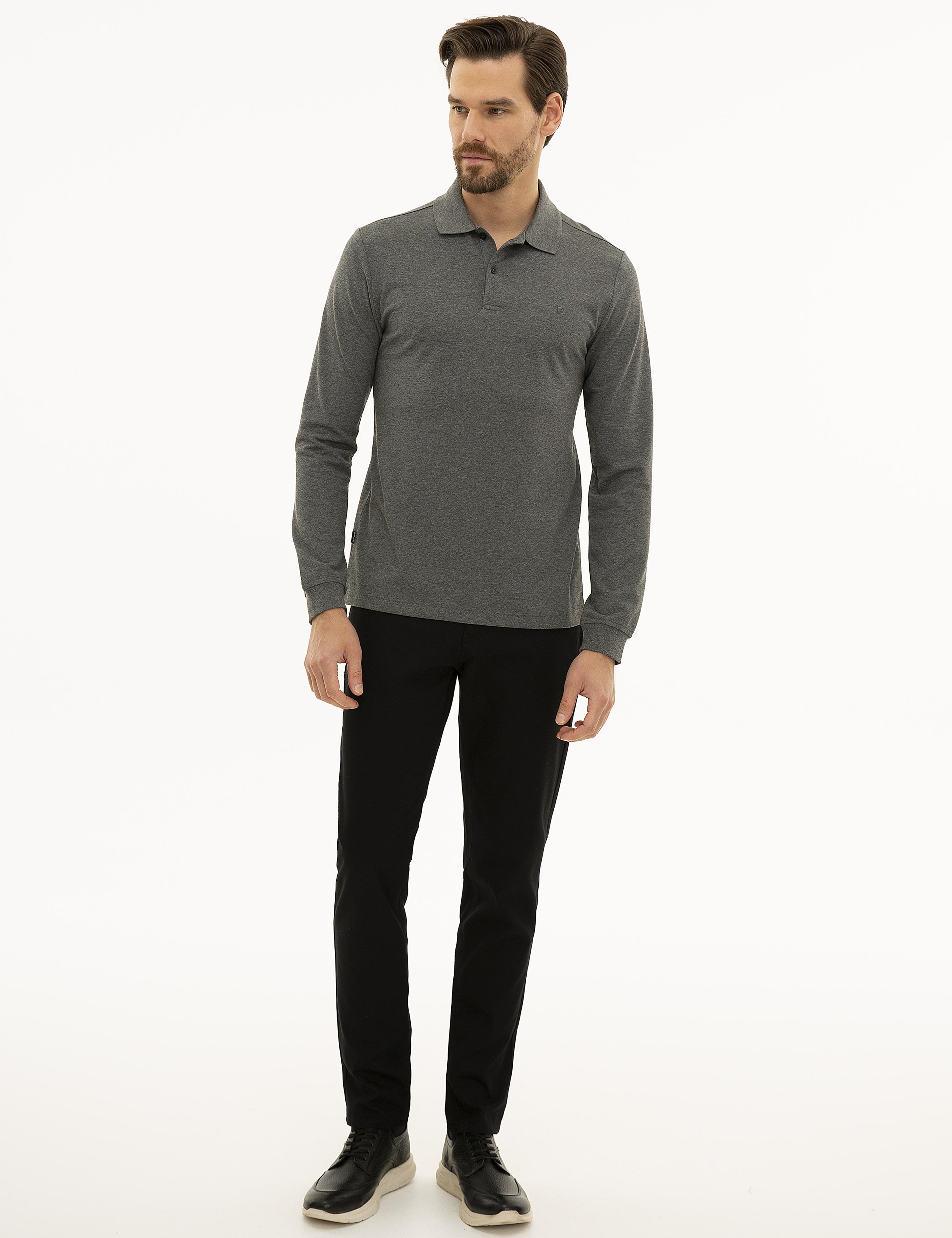 Antrasit Melanj Slim Fit Polo Yaka Sweatshirt