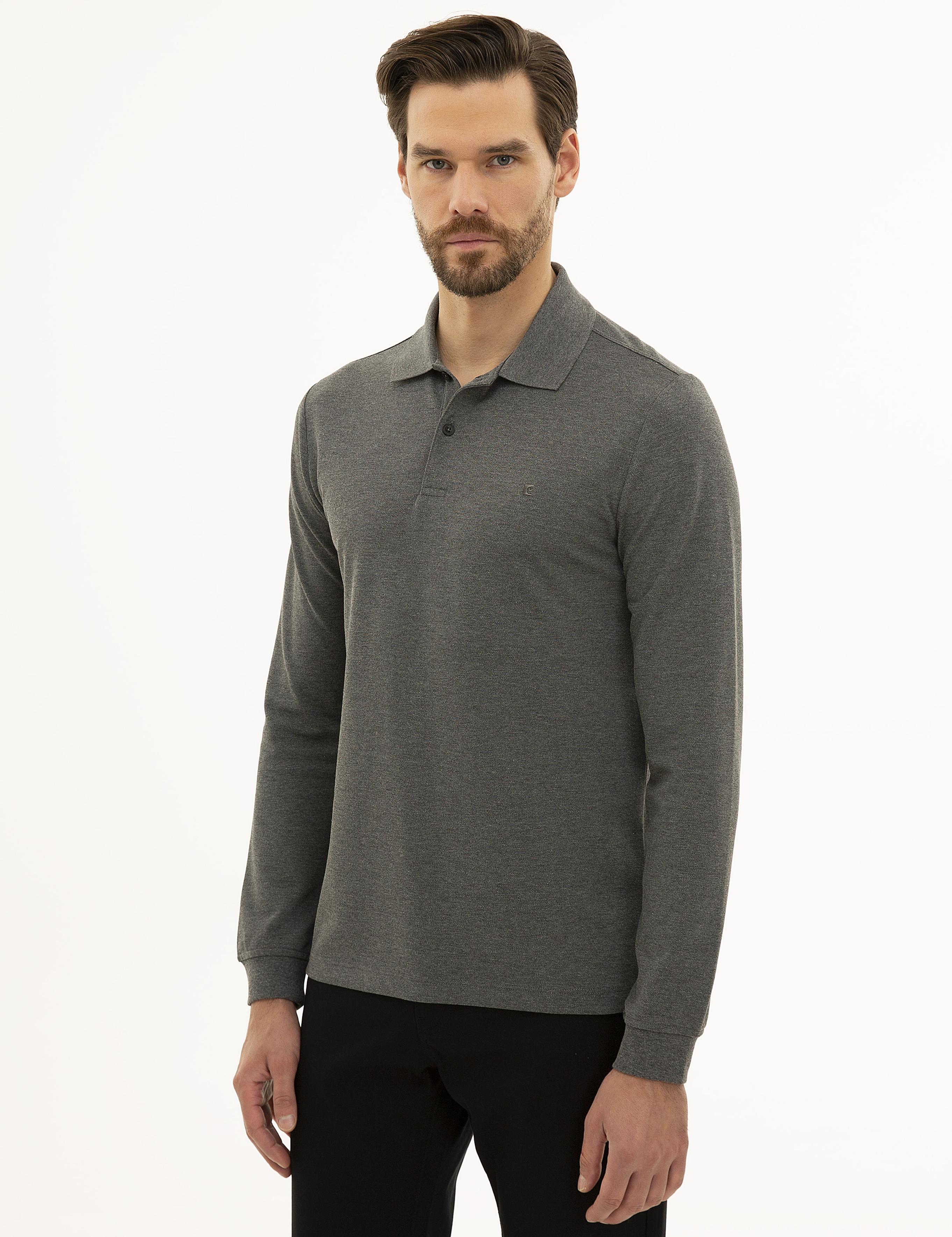Antrasit Melanj Slim Fit Polo Yaka Sweatshirt