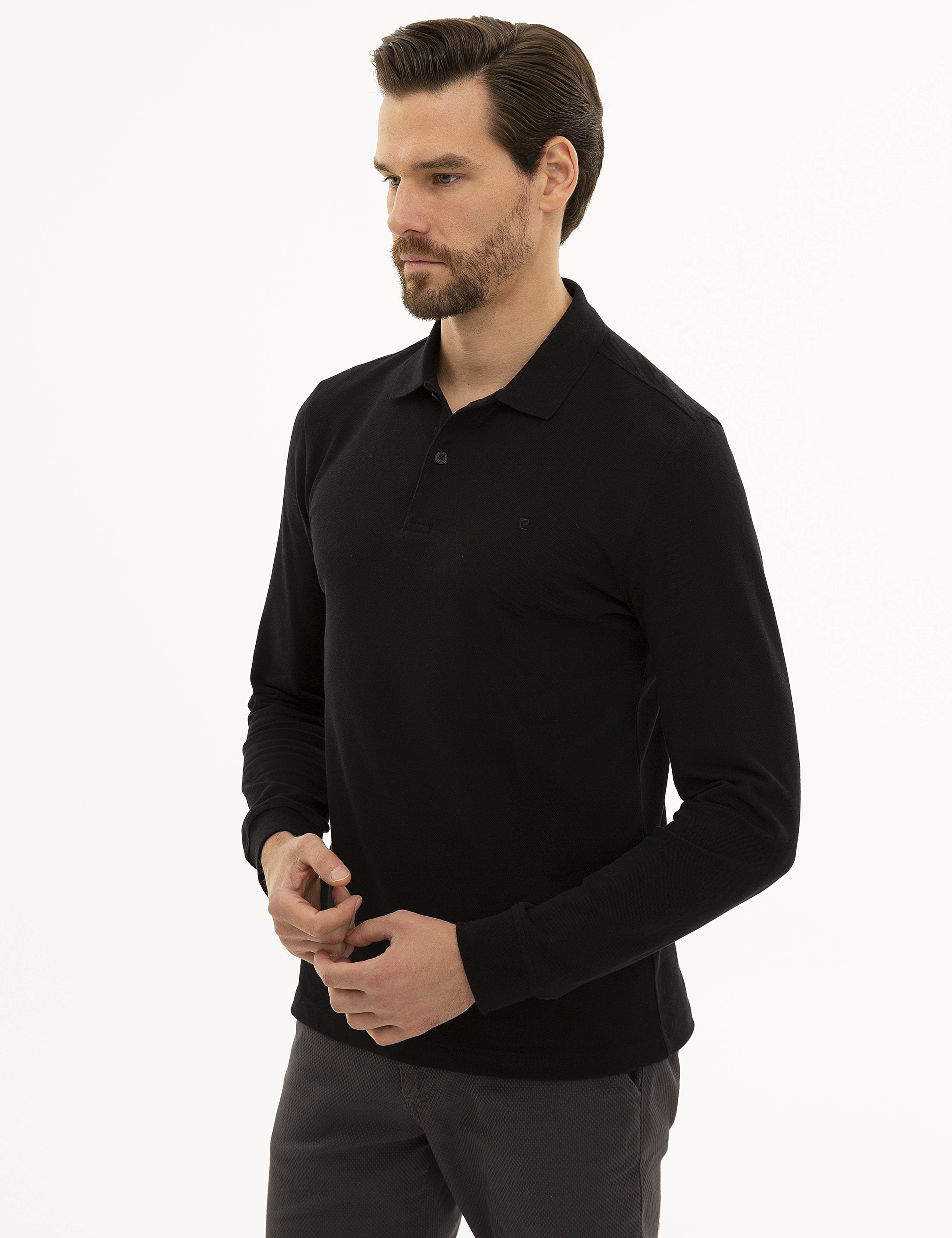 Siyah Slim Fit Polo Yaka Sweatshirt - Image 3