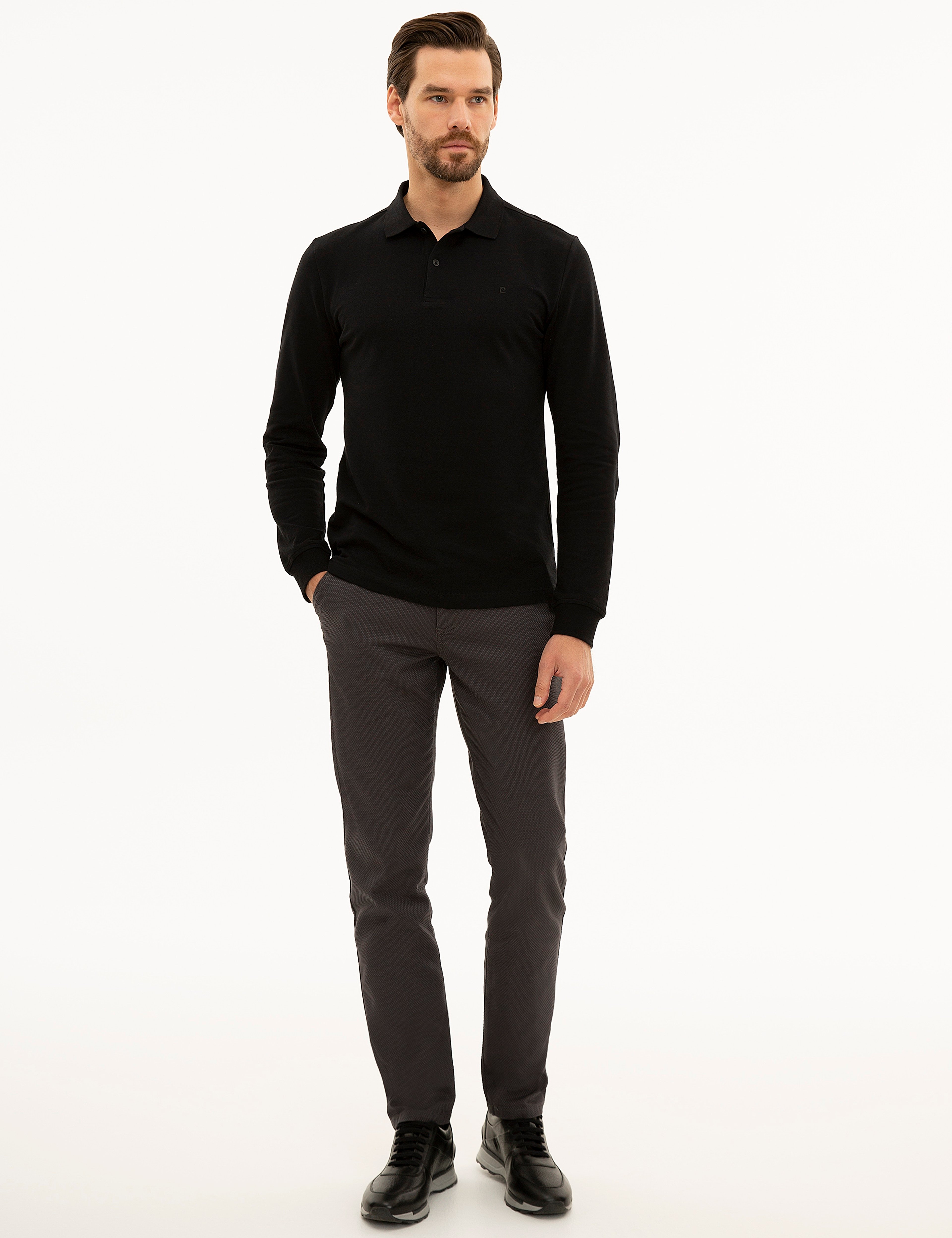 Siyah Slim Fit Polo Yaka Sweatshirt - Image 5
