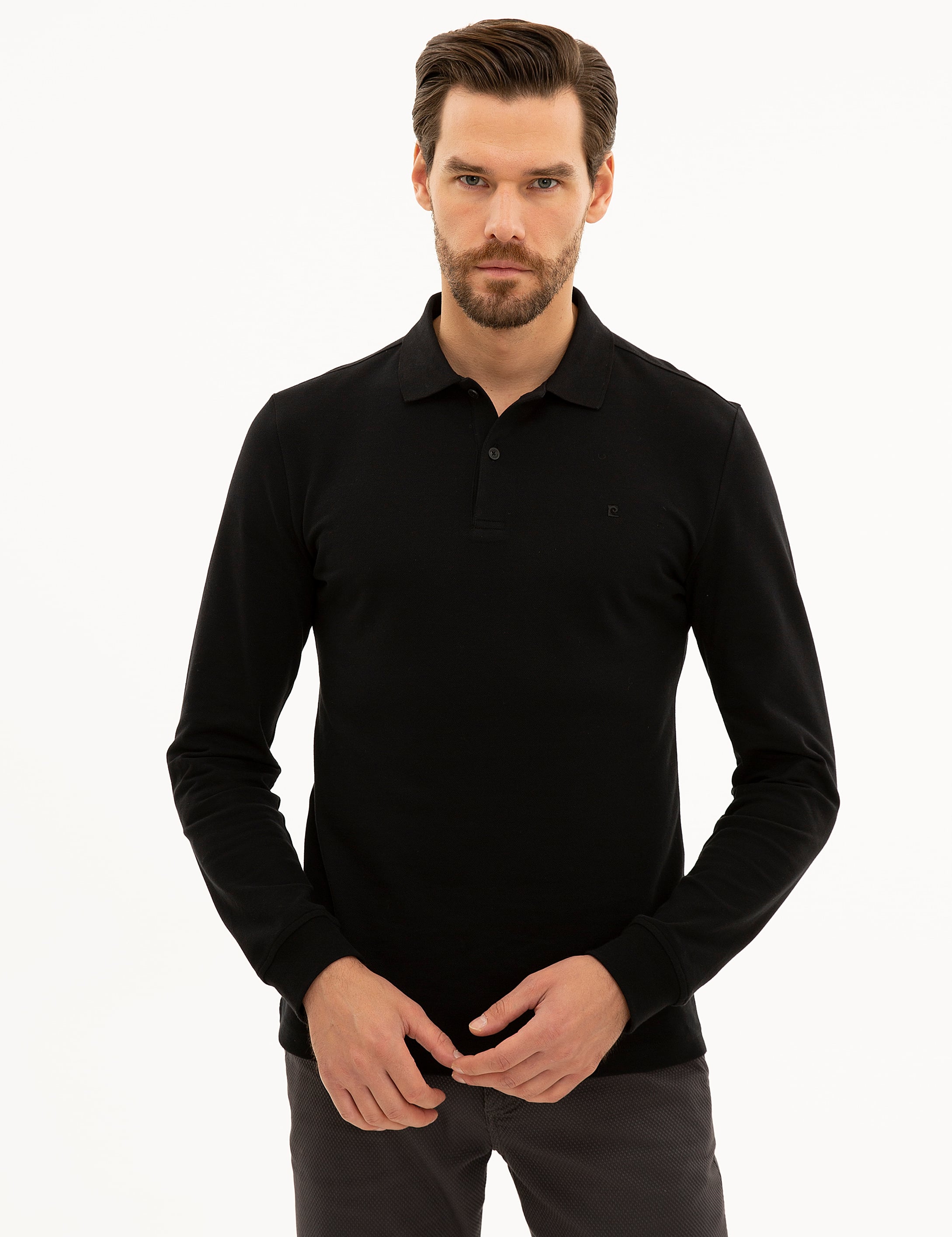 Siyah Slim Fit Polo Yaka Sweatshirt