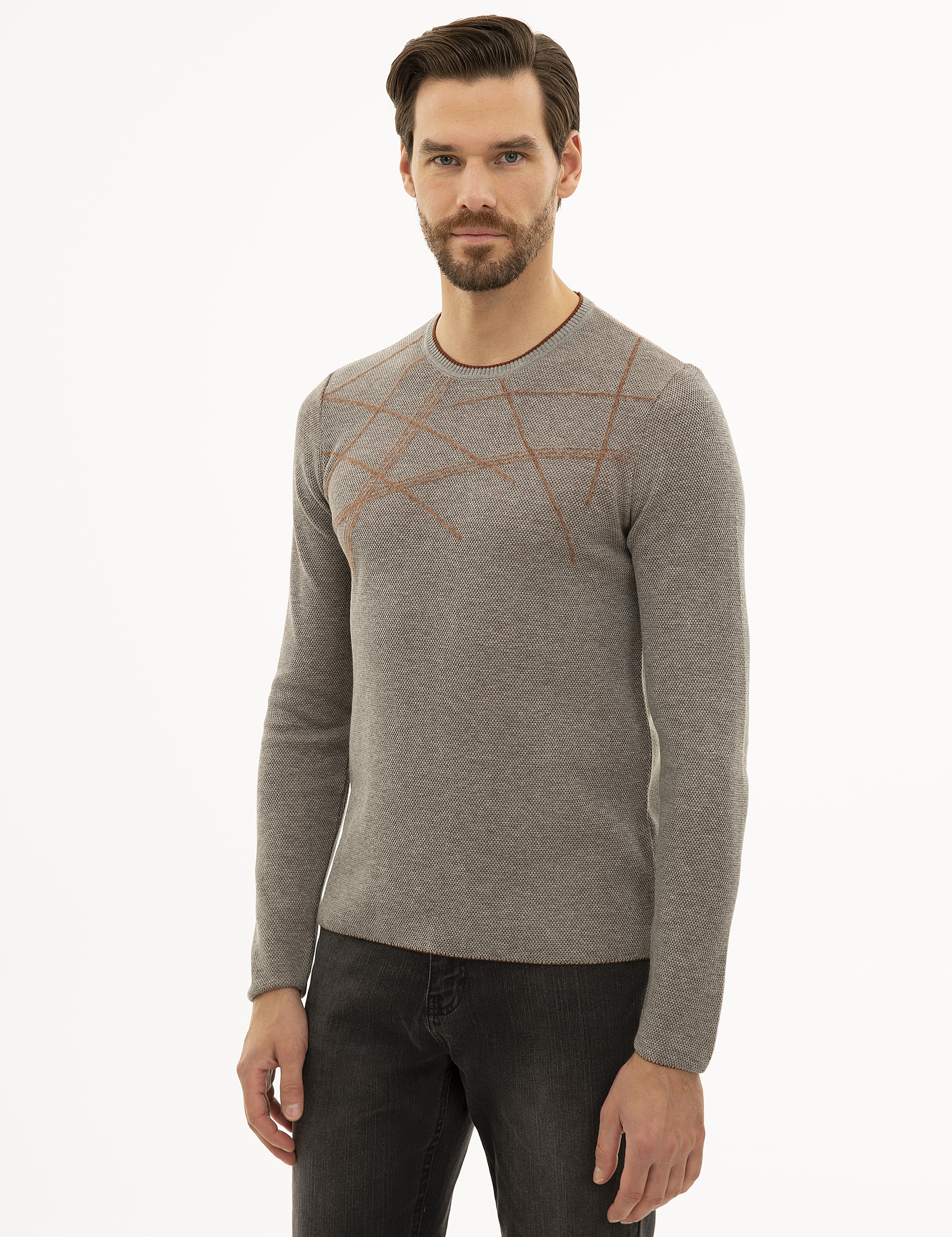 Gri Melanj Slim Fit Triko Kazak - Image 3