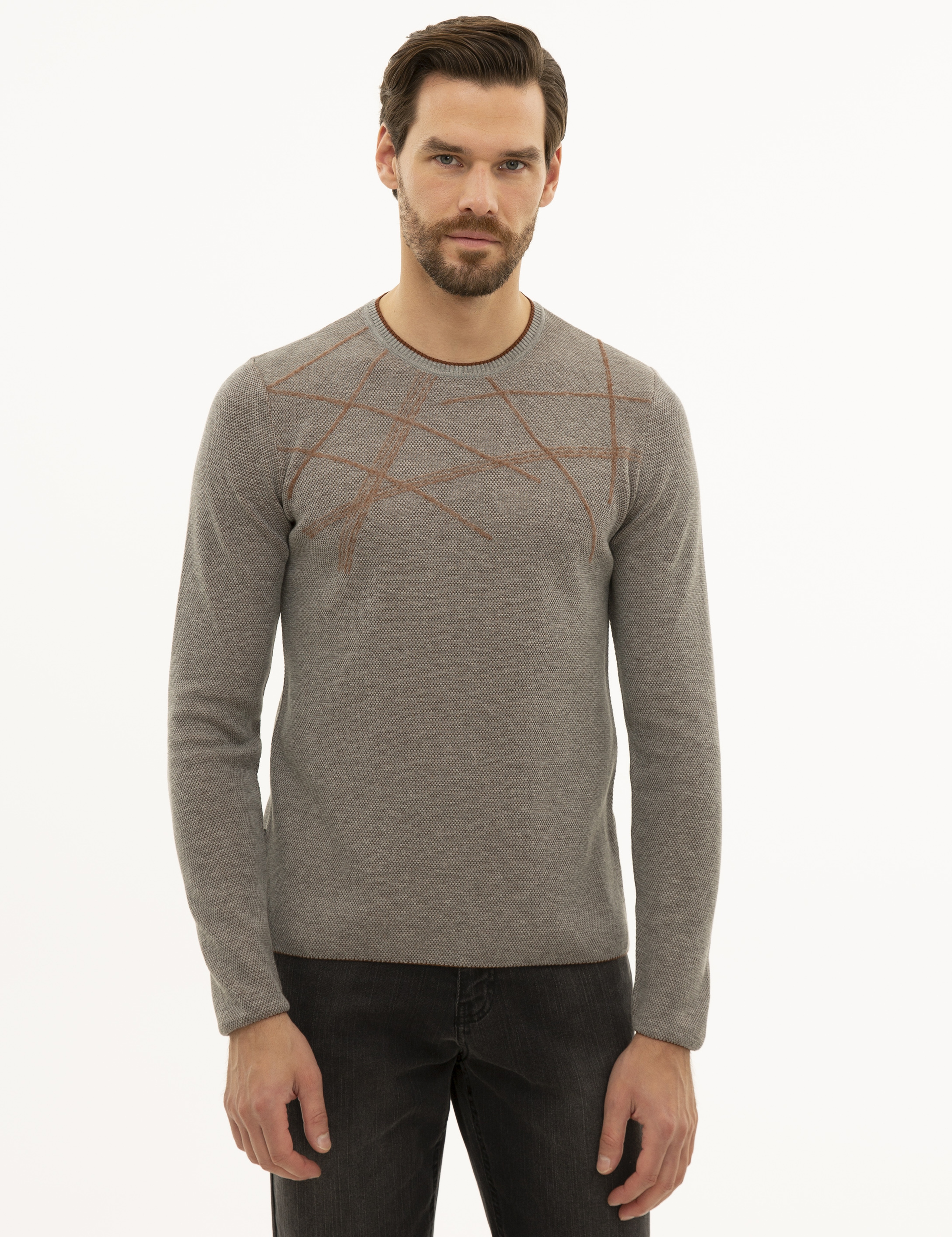 Gri Melanj Slim Fit Triko Kazak - Image 1