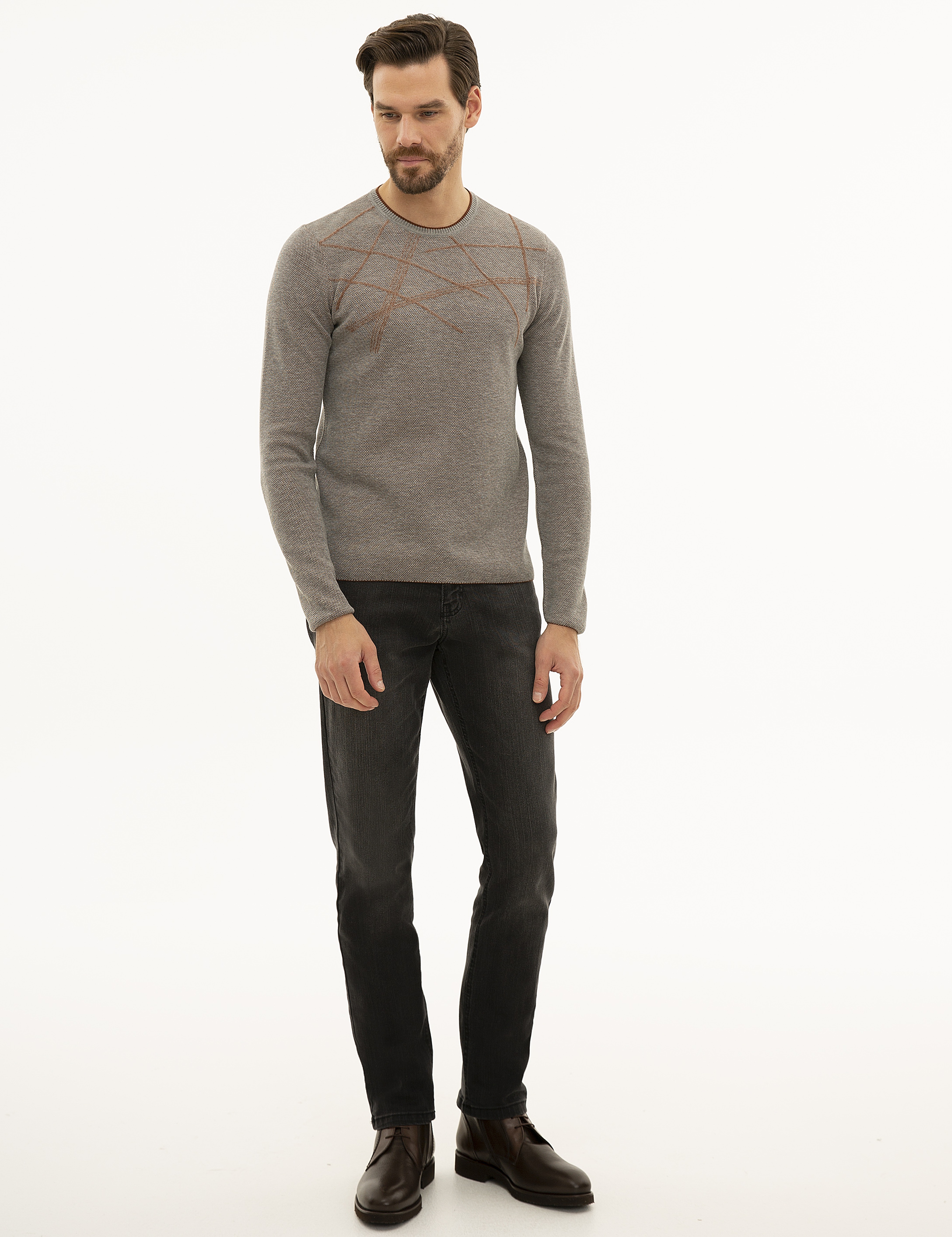 Gri Melanj Slim Fit Triko Kazak - Image 5
