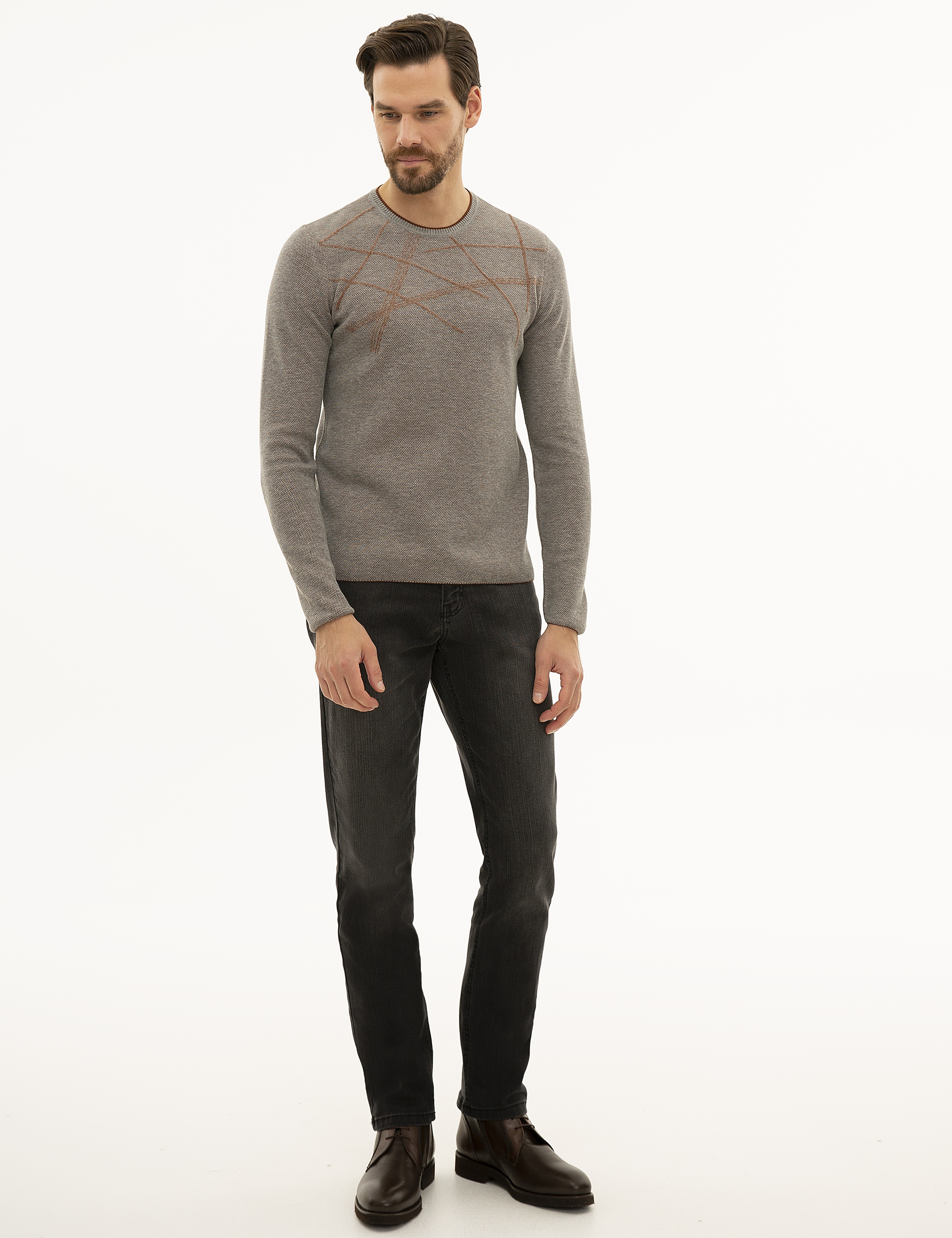 Gri Melanj Slim Fit Triko Kazak