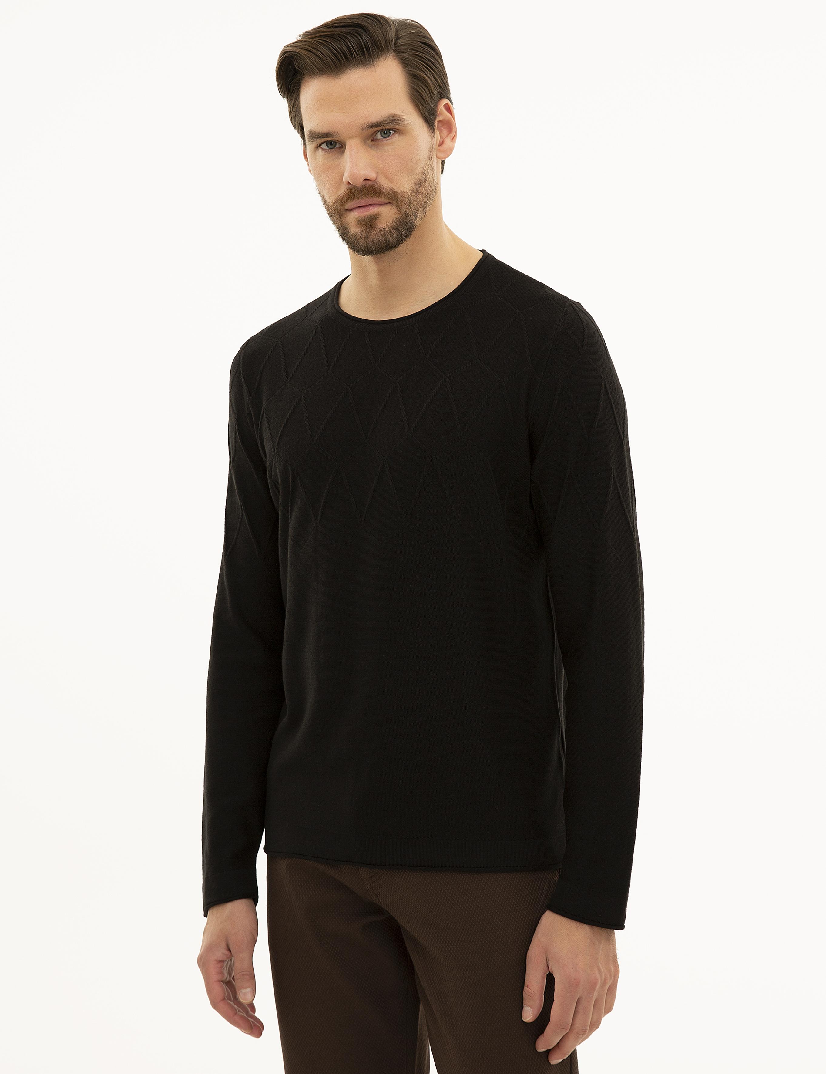 Siyah Slim Fit Bisiklet Yaka Triko Kazak