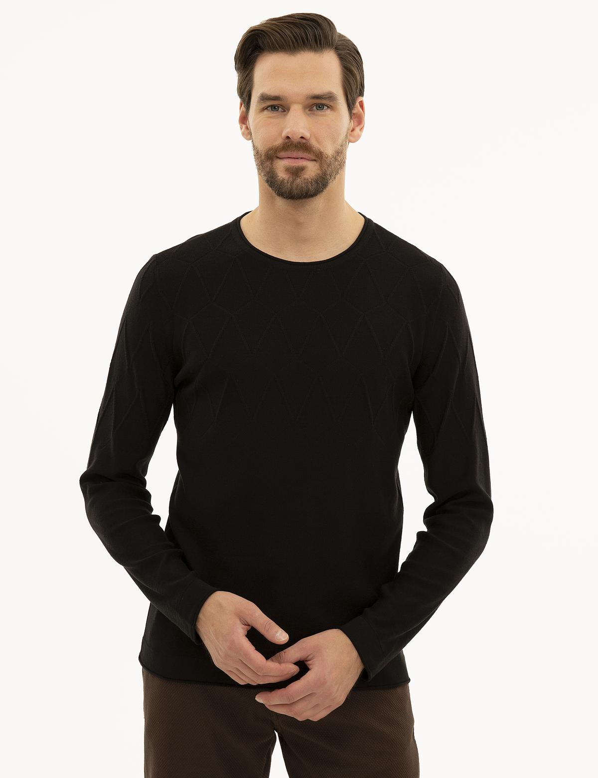 Siyah Slim Fit Bisiklet Yaka Triko Kazak