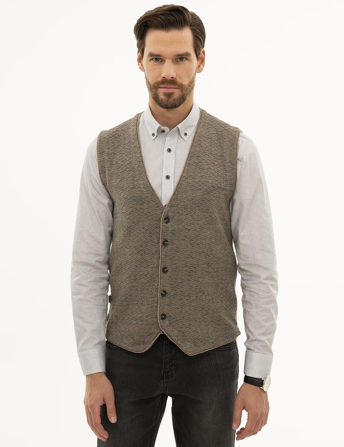 Vizon Melanj Slim Fit Triko Yelek