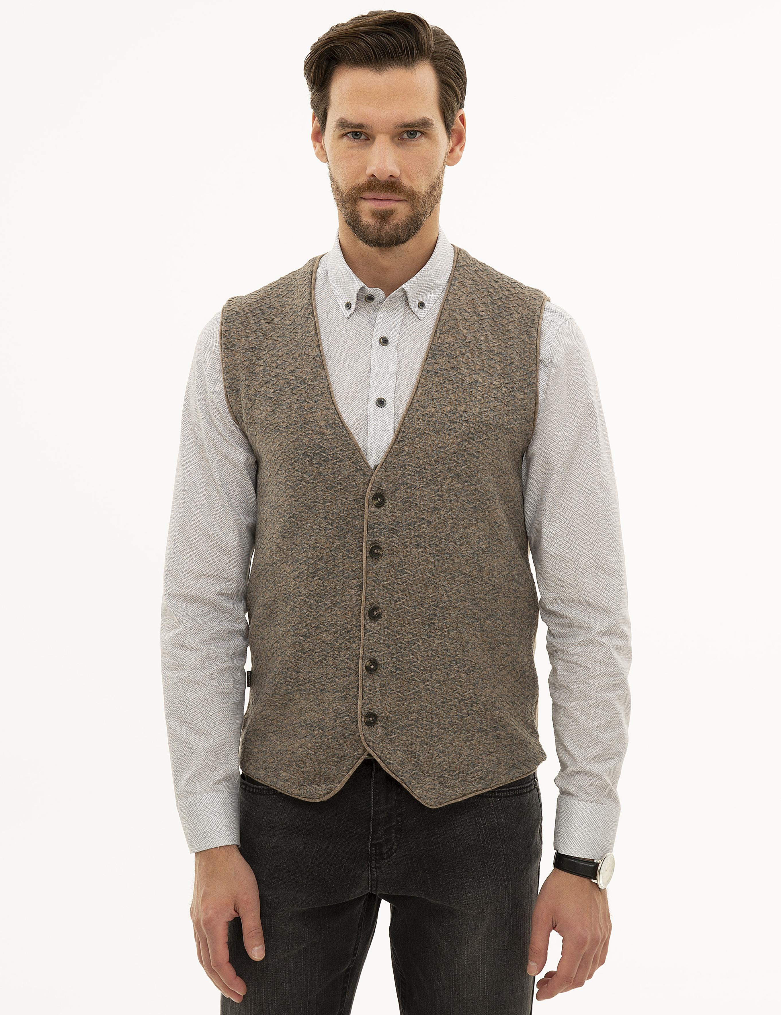 Vizon Melanj Slim Fit Triko Yelek