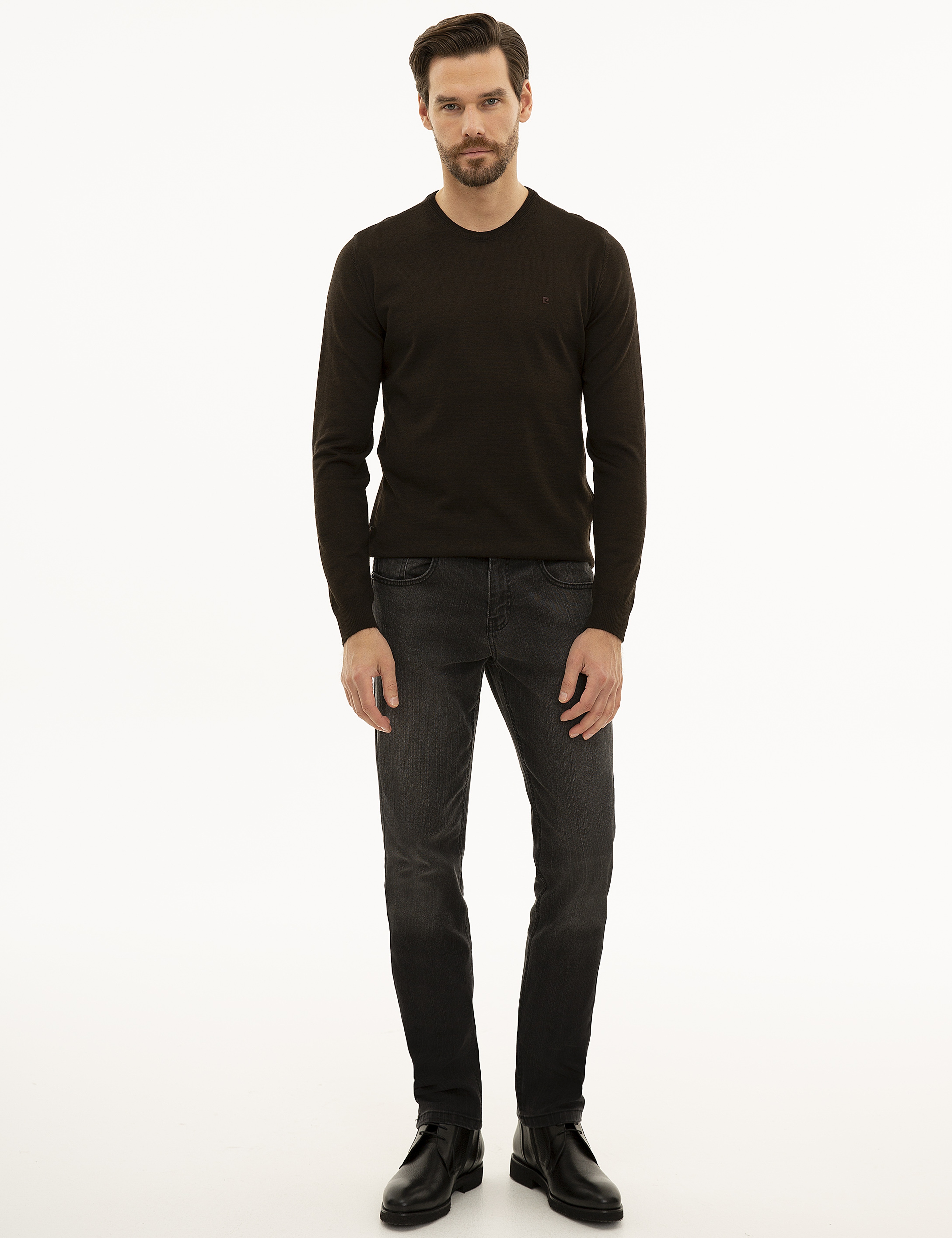 Kahverengi Slim Fit Bisiklet Yaka Basic Triko Kazak - Image 5