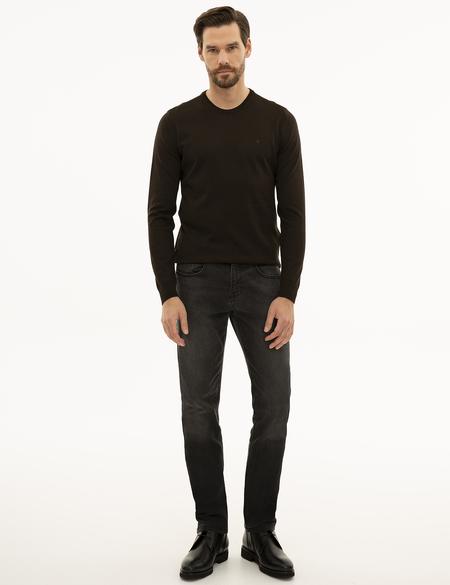 Kahverengi Slim Fit Bisiklet Yaka Basic Triko Kazak - 50227677137