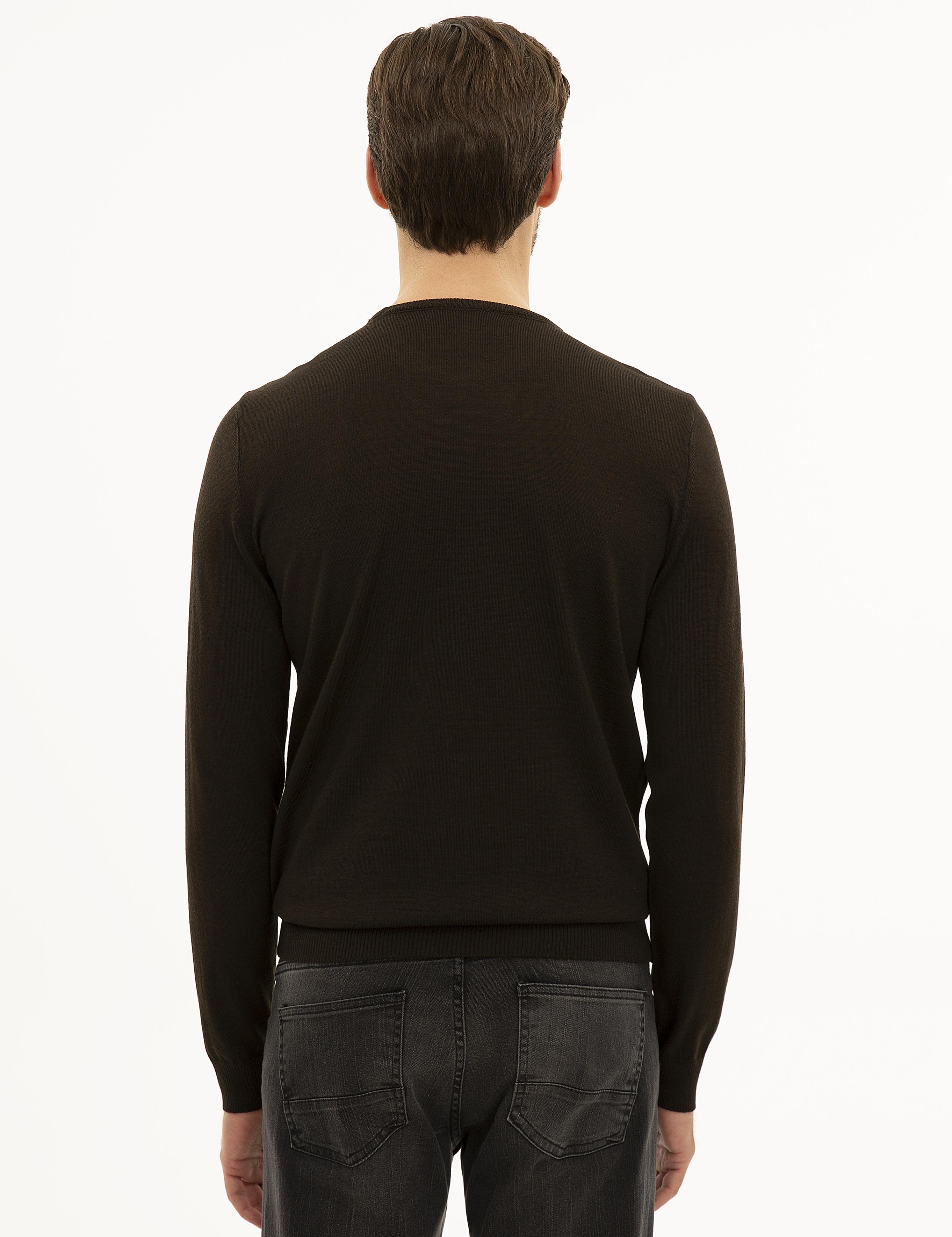 Kahverengi Slim Fit Bisiklet Yaka Basic Triko Kazak