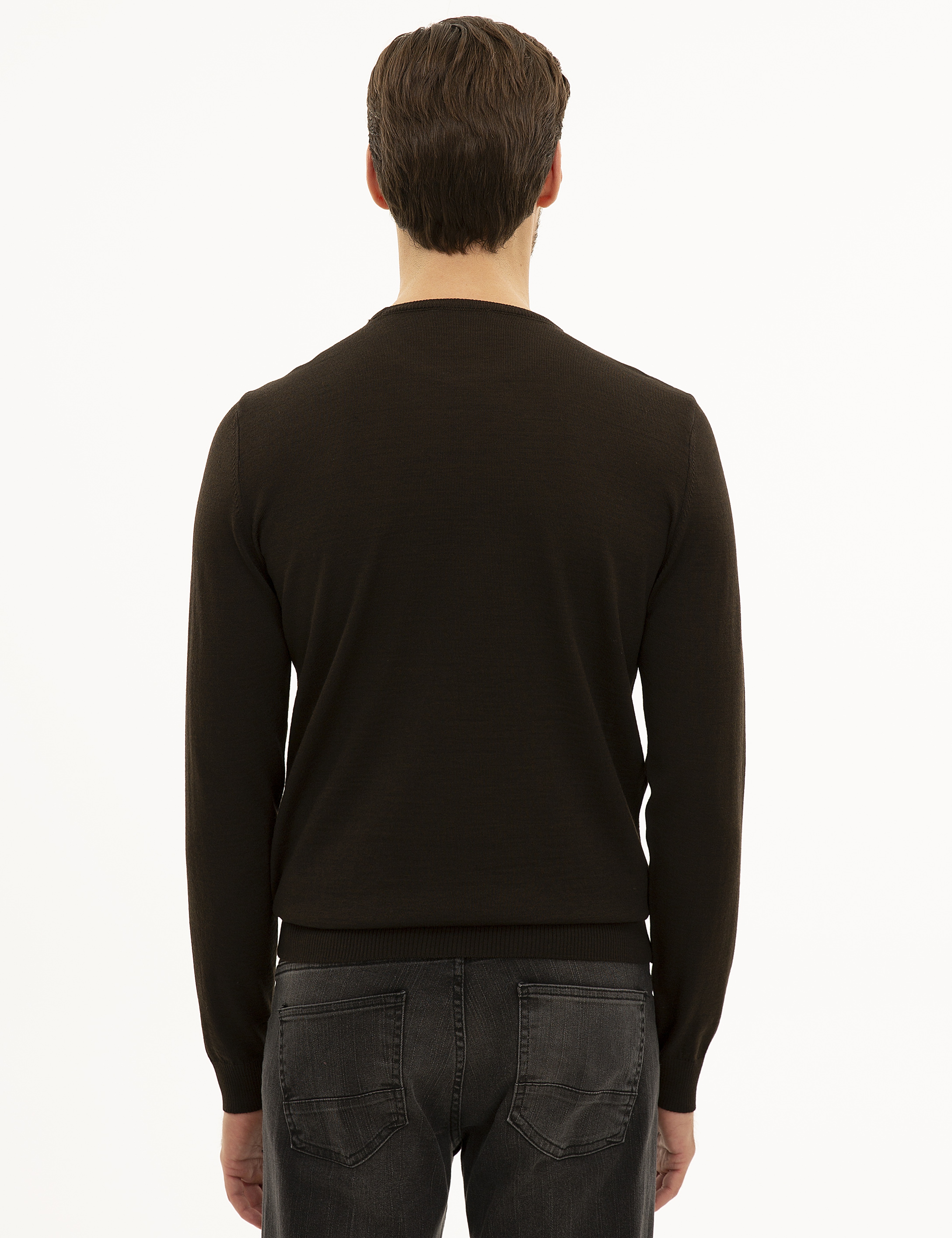Kahverengi Slim Fit Bisiklet Yaka Basic Triko Kazak