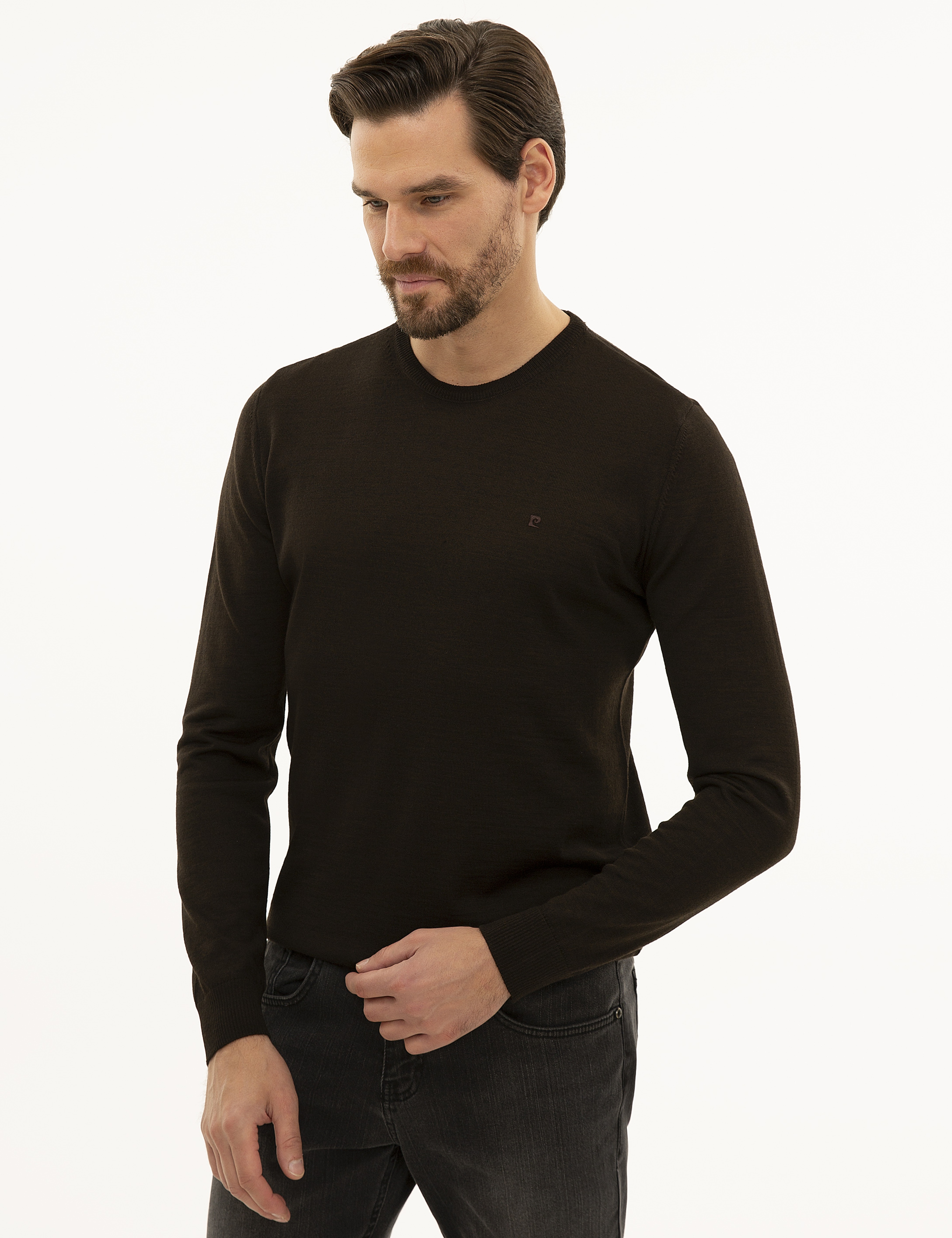 Kahverengi Slim Fit Bisiklet Yaka Basic Triko Kazak - Image 3